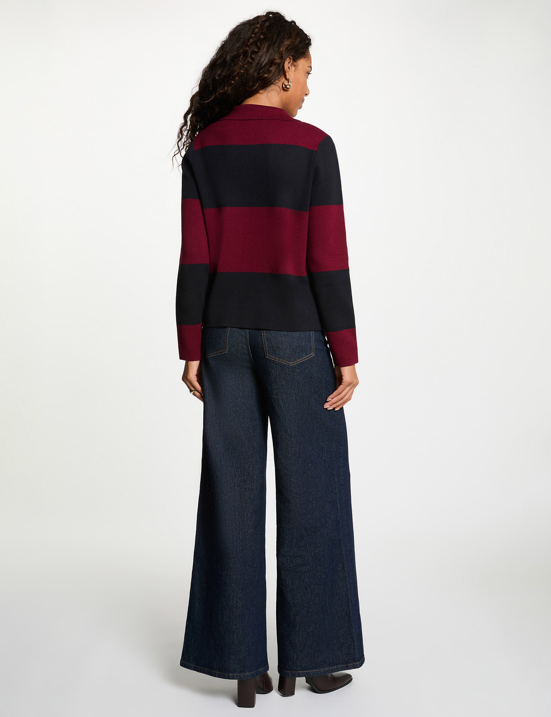 Pull col revers ray&eacute; bordeaux femme