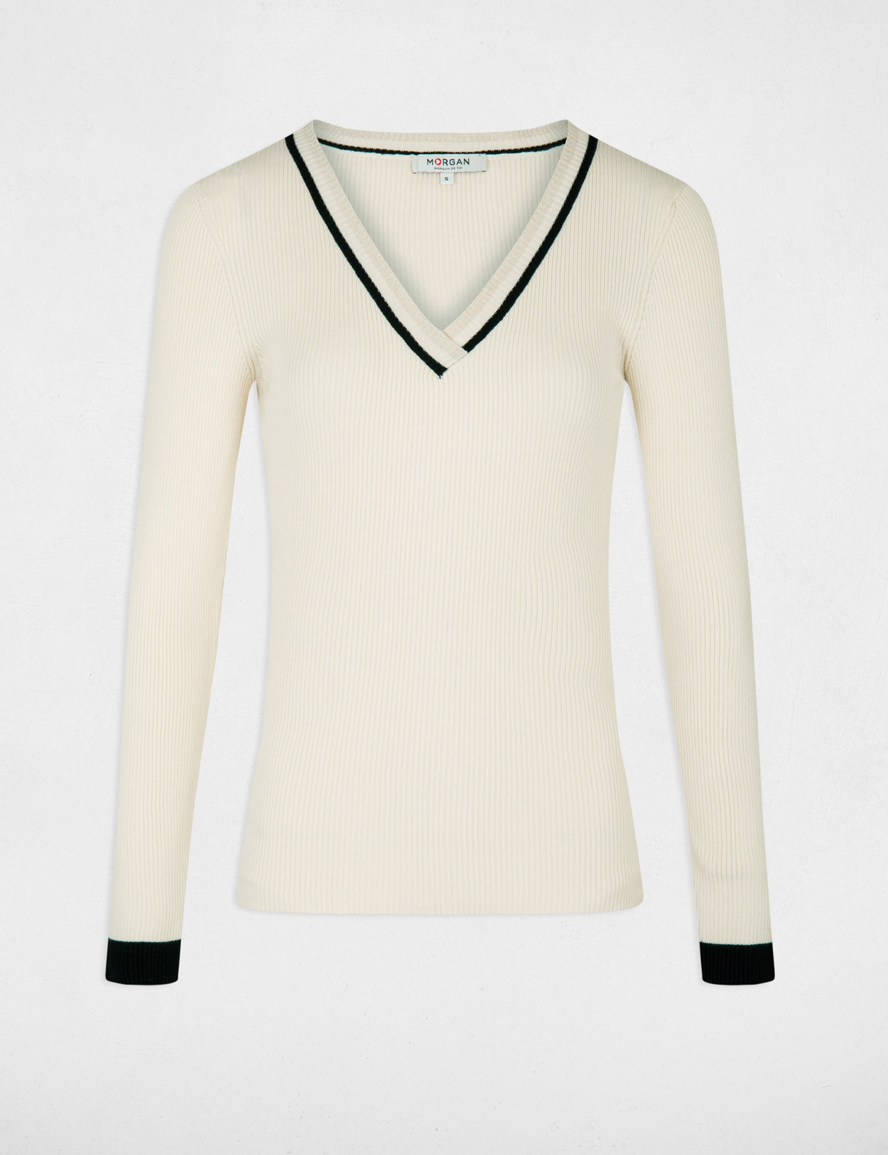 Pull manches longues col en V ivoire femme