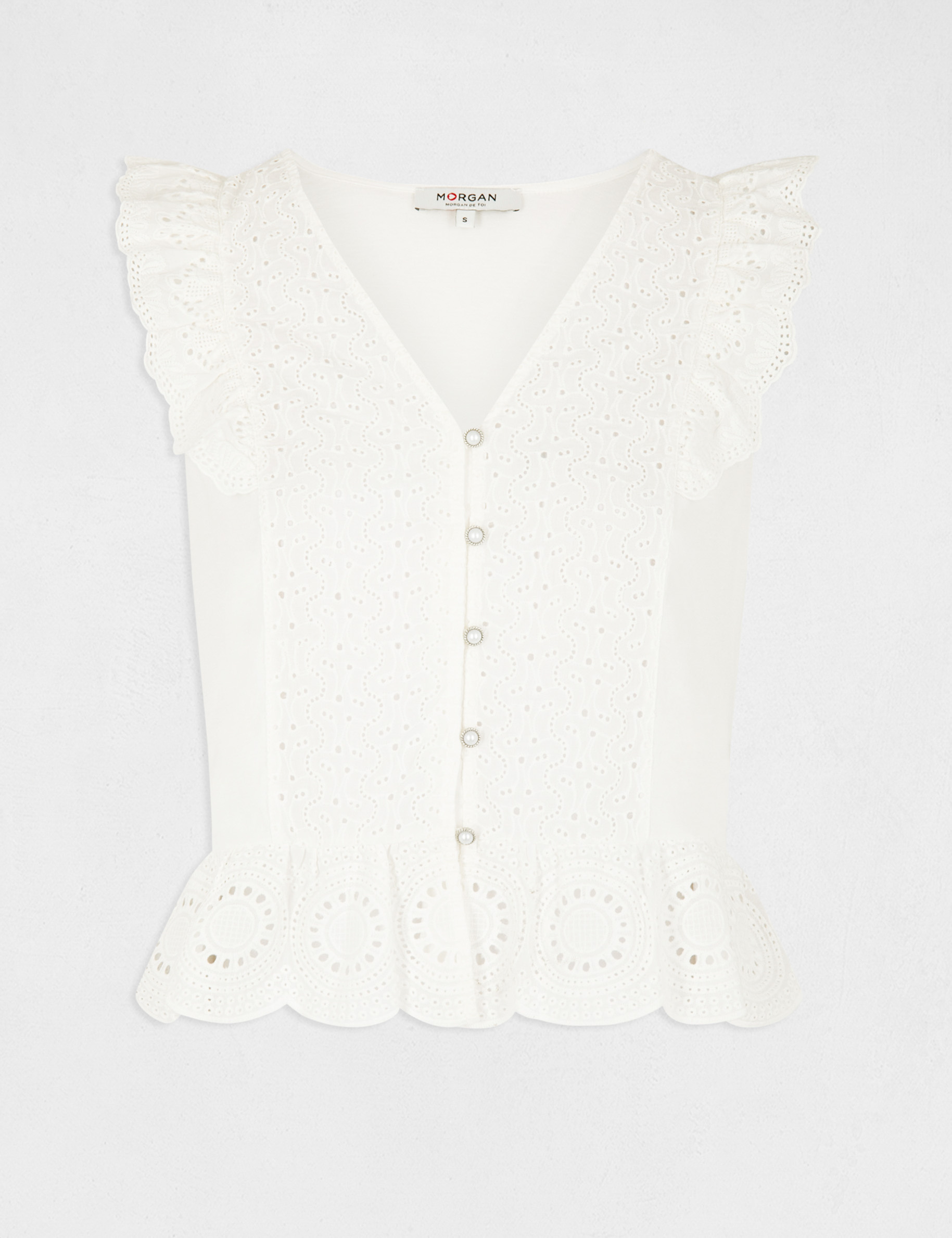 T-shirt manches courtes à volants ecru femme T-shirt manches courtes à volants ecru femme
