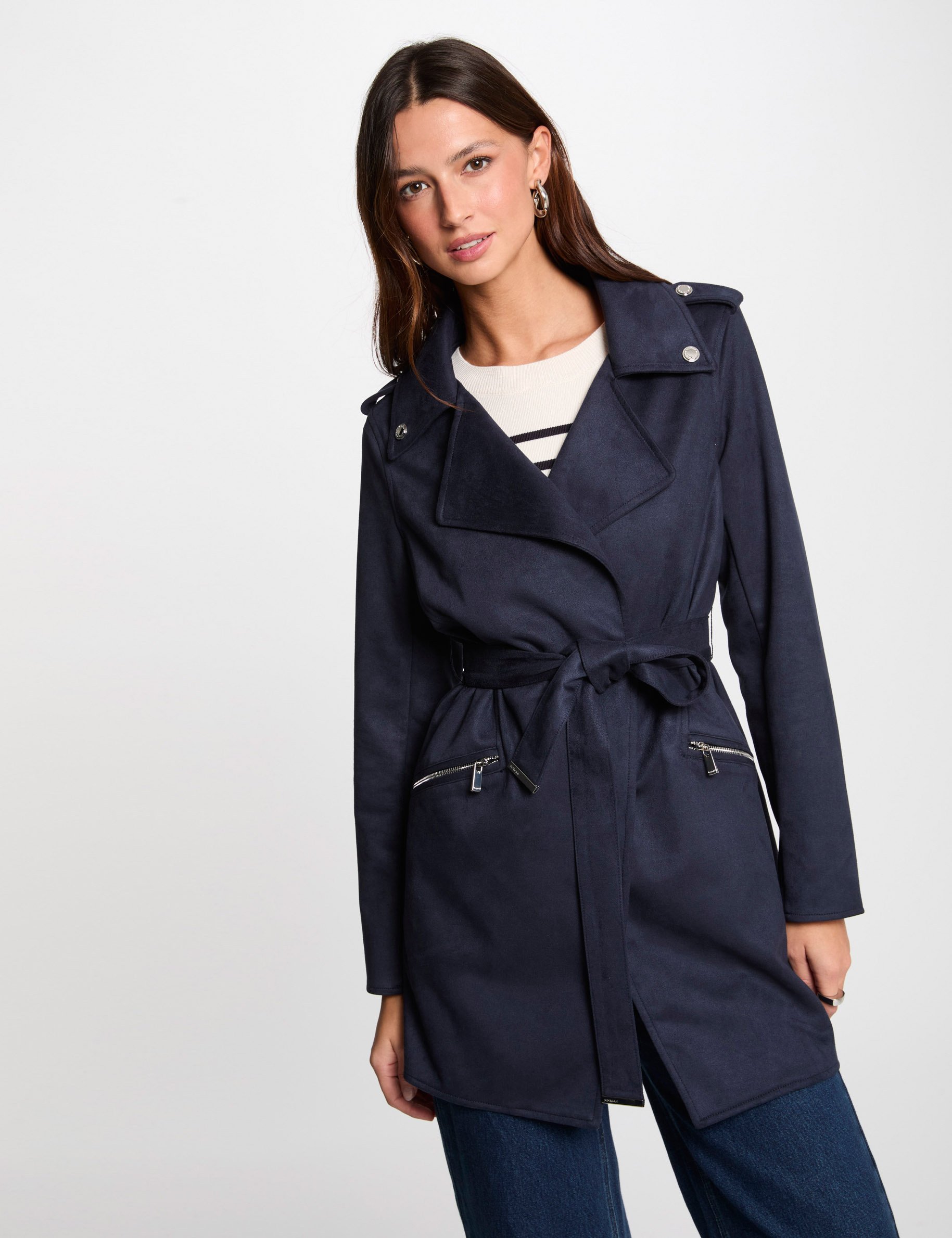 manteau long ceinture suedine bleu marine femme Manteau long ceinturé suédine bleu marine femme