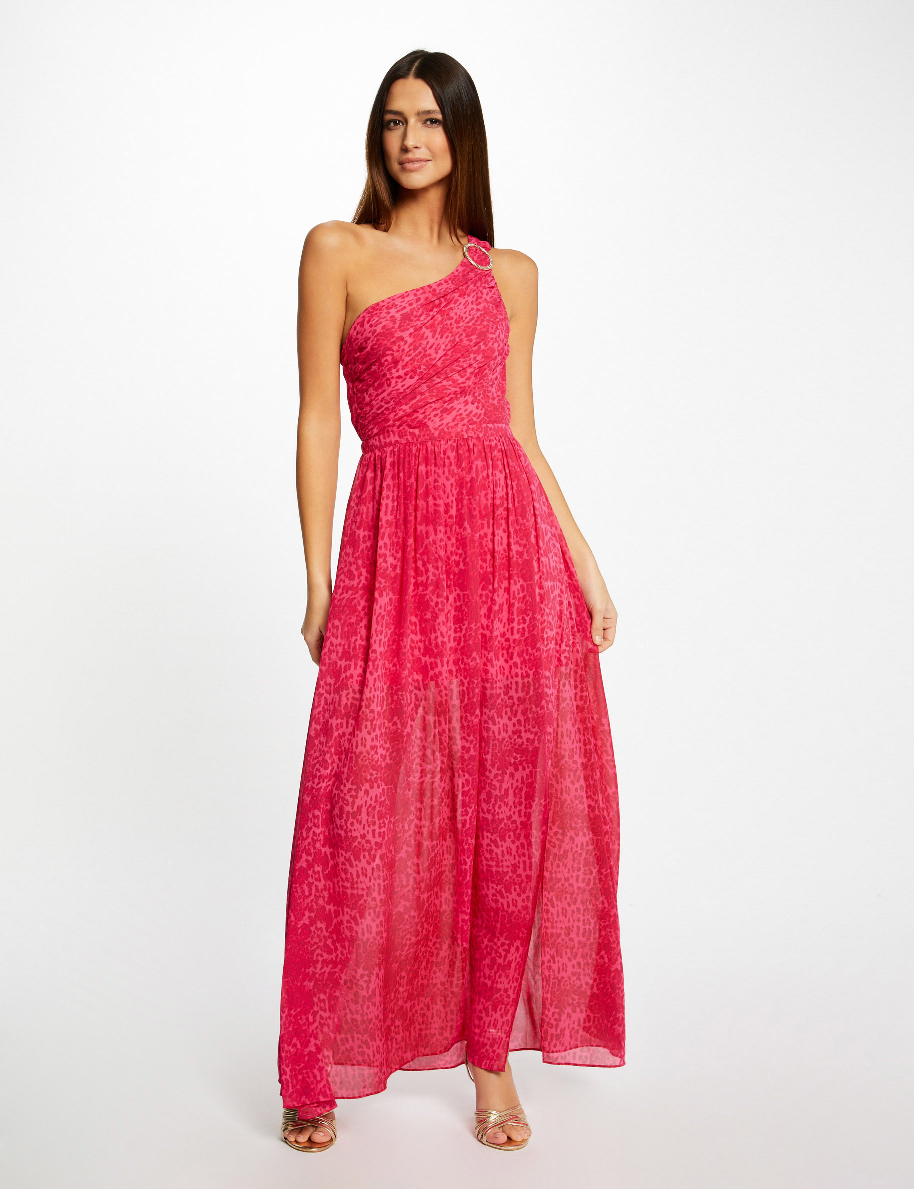 Robe longue évasée imprimé léopard rose femme