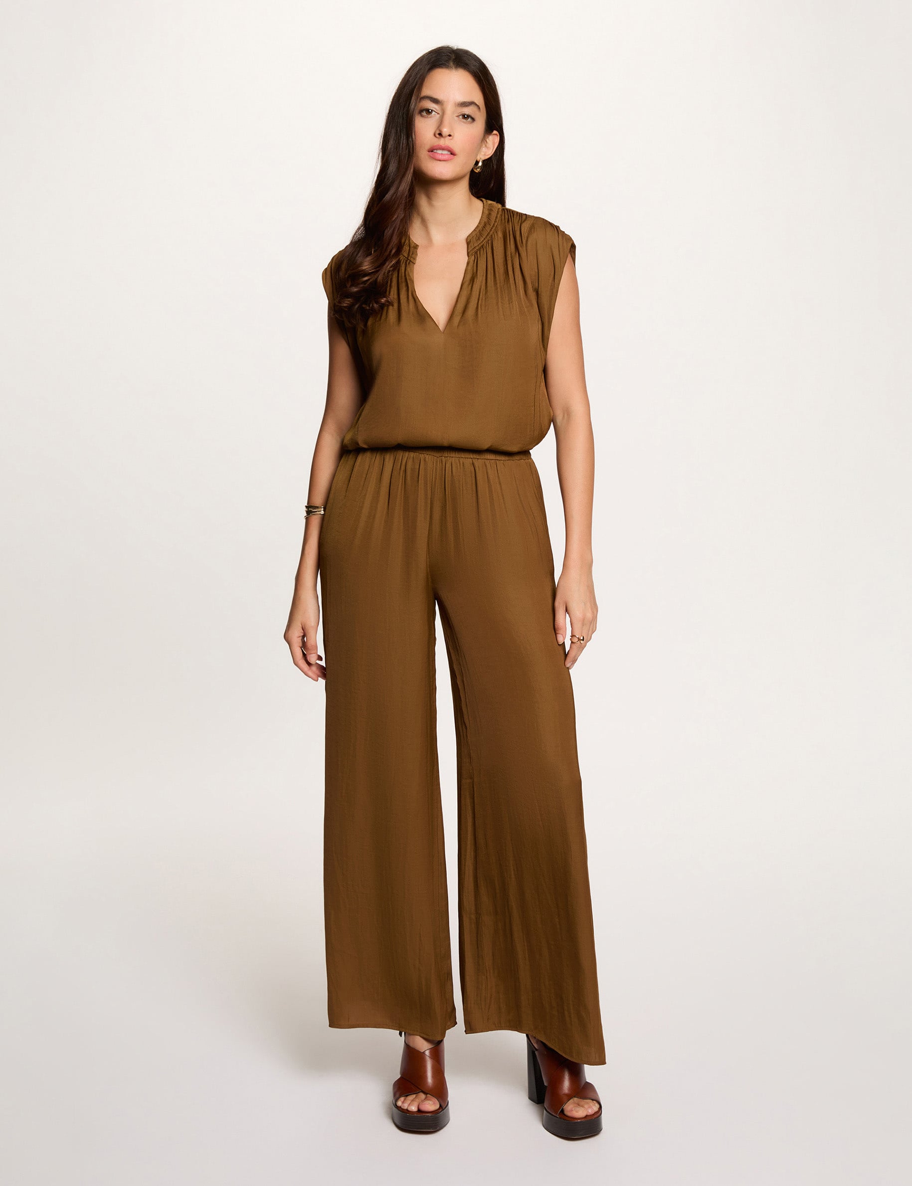 Blouse manches courtes satin camel femme