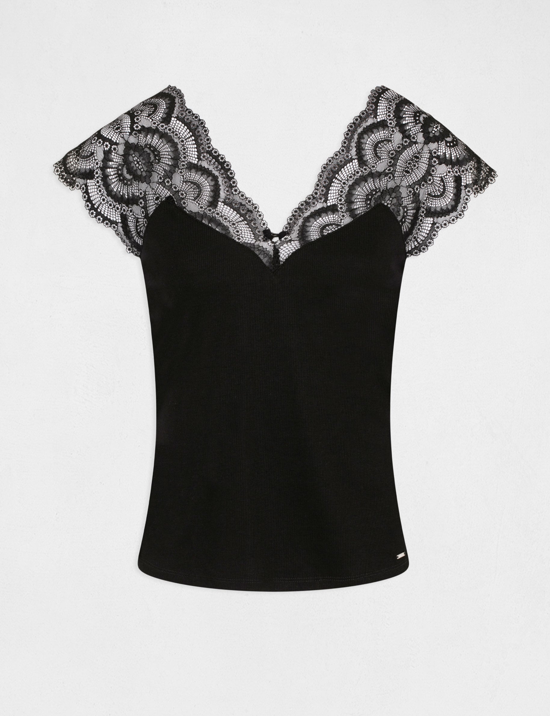 T-shirt manches courtes &agrave; dentelle noir femme