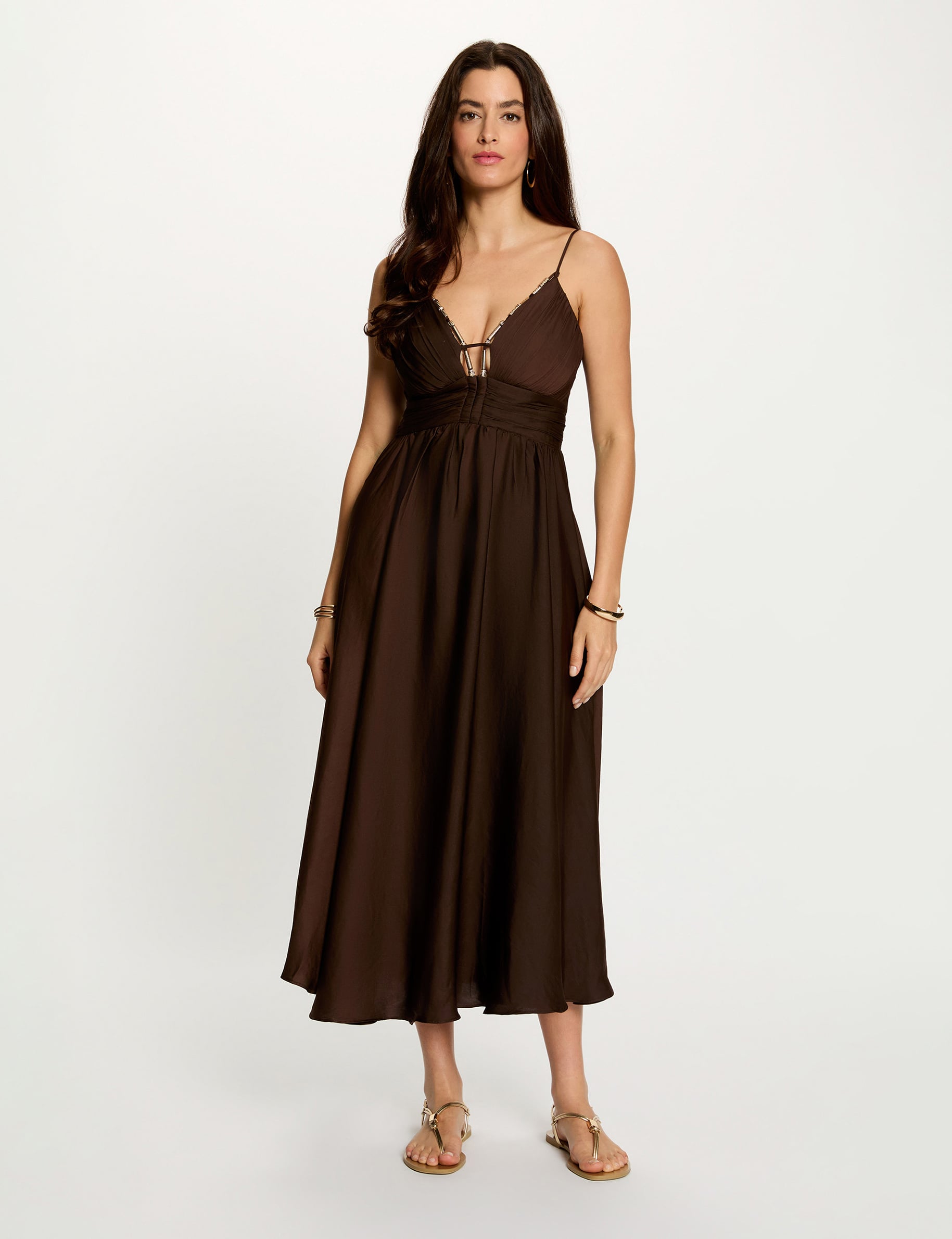 Robe longue col v marron fonc&eacute; femme