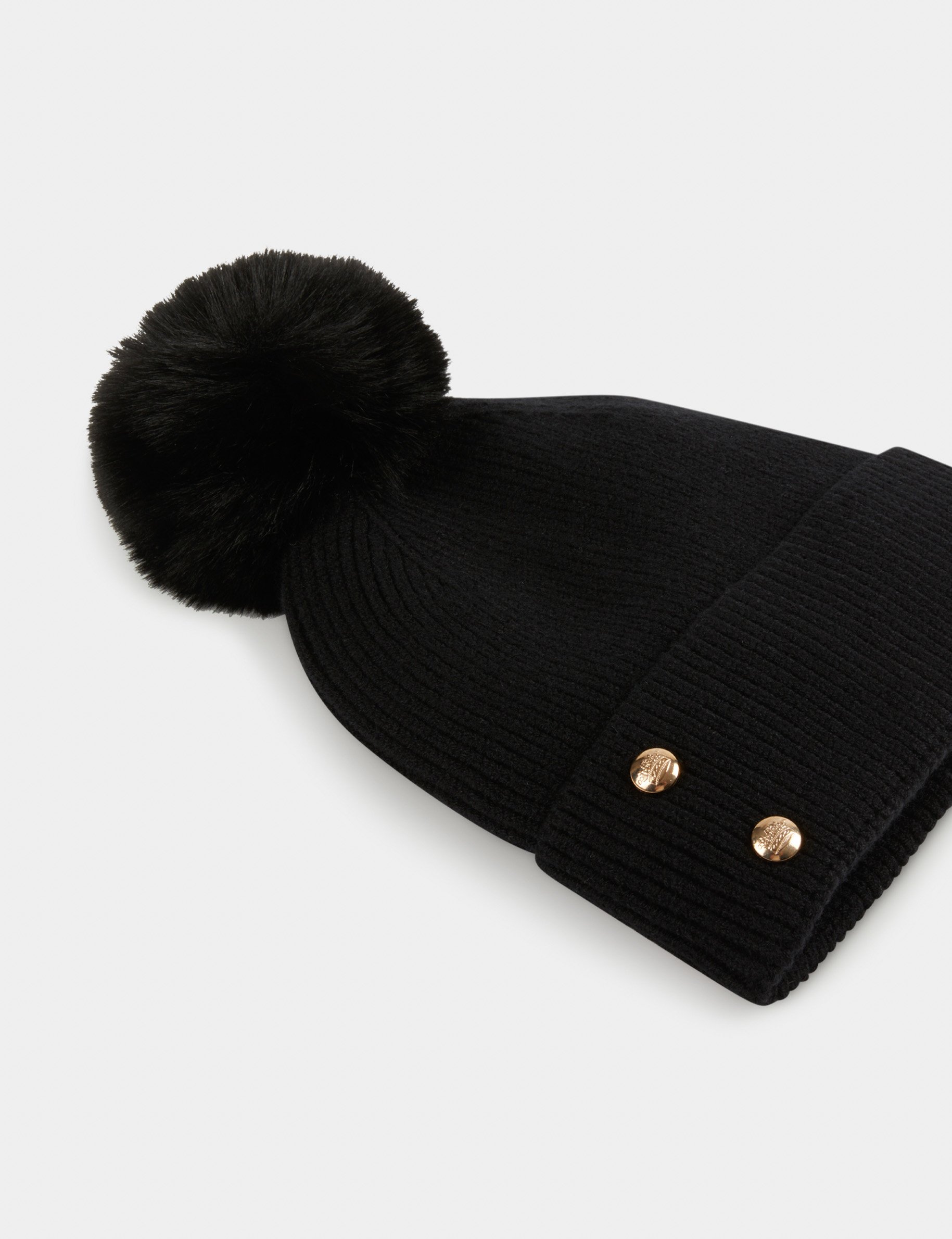 bonnet avec boutons et pompon noir femme Bonnet avec boutons et pompon noir femme