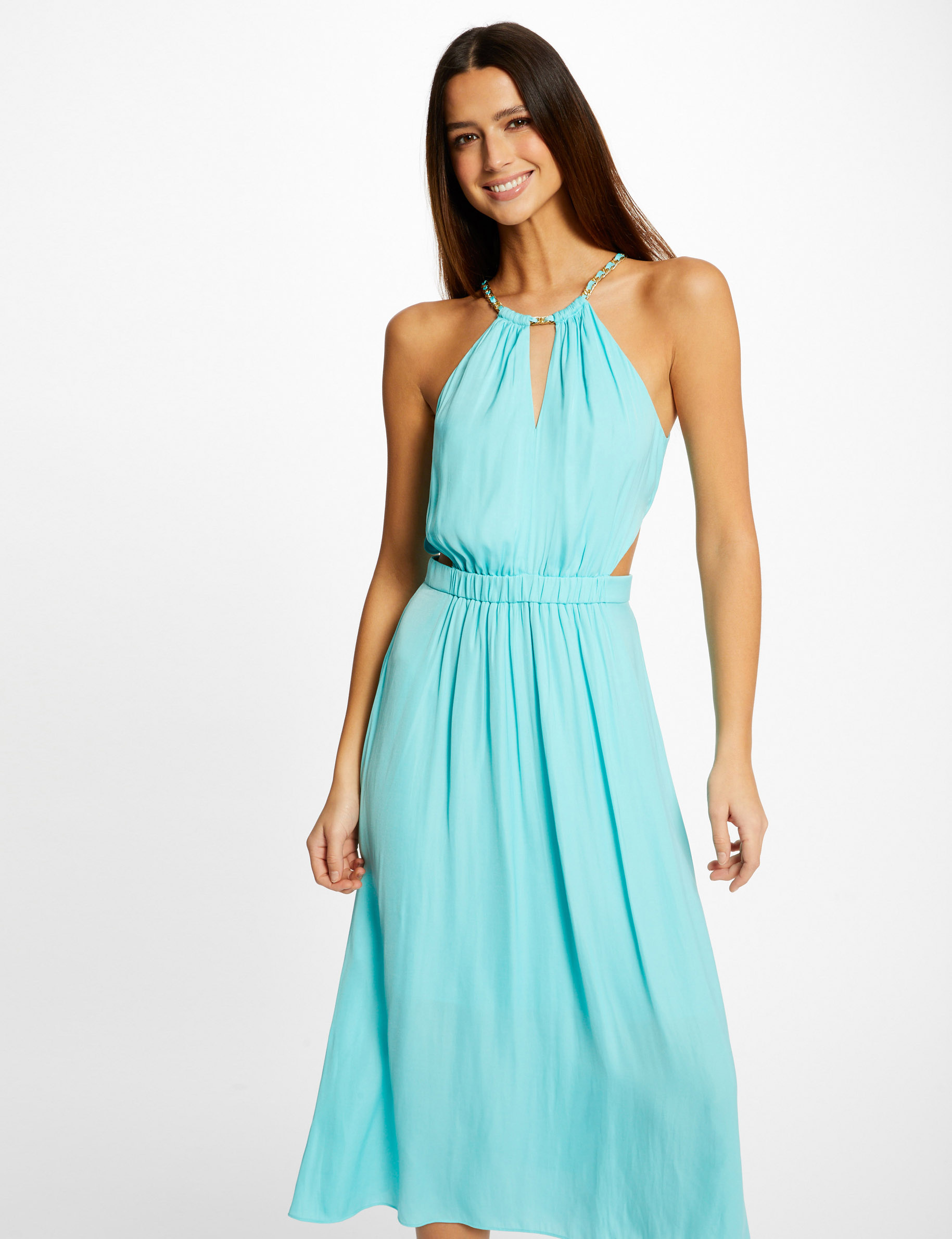 Robe midi évasée à encolure américaine bleu clair femme Robe midi évasée à encolure américaine bleu clair femme