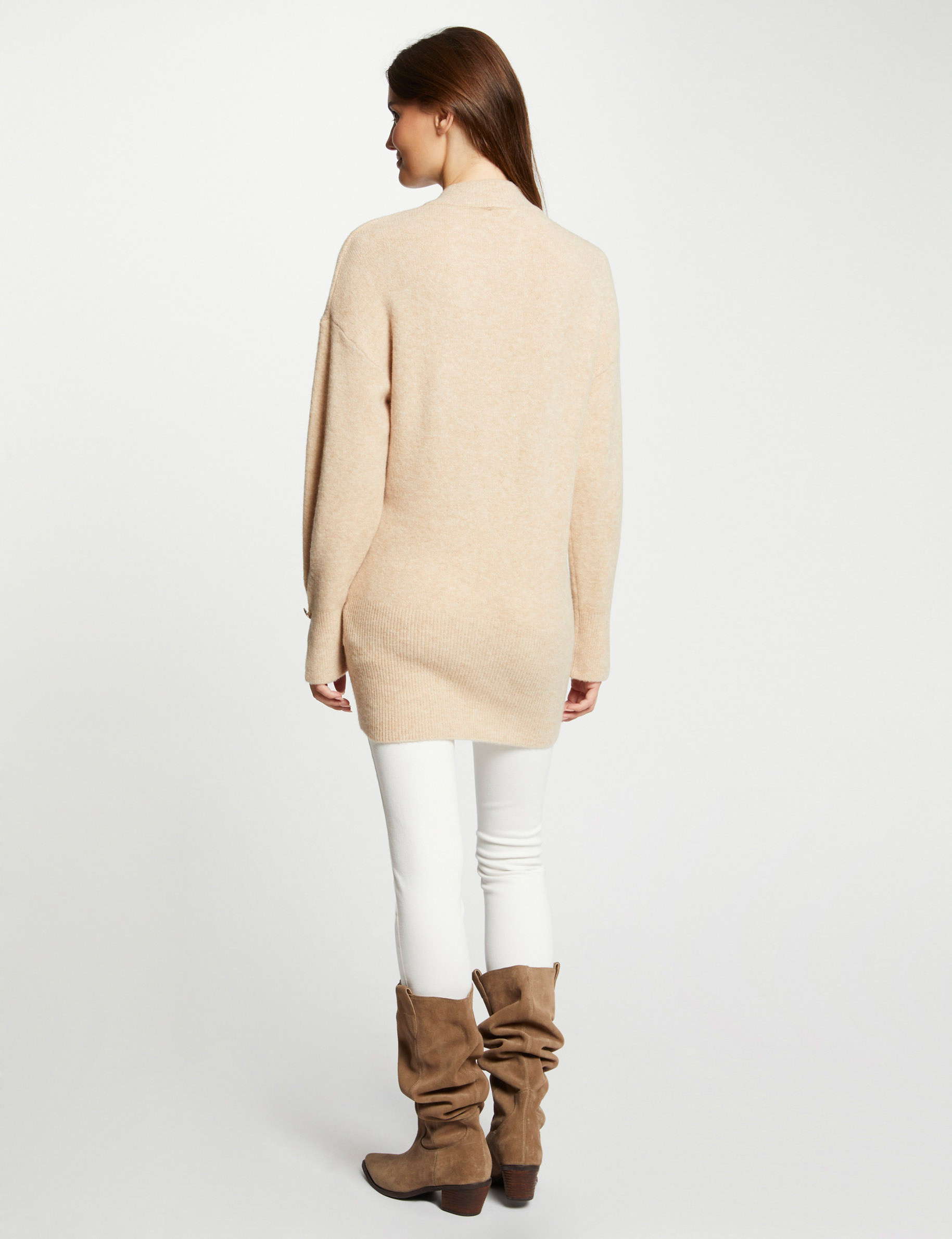 Pull manches longues mi long beige femme