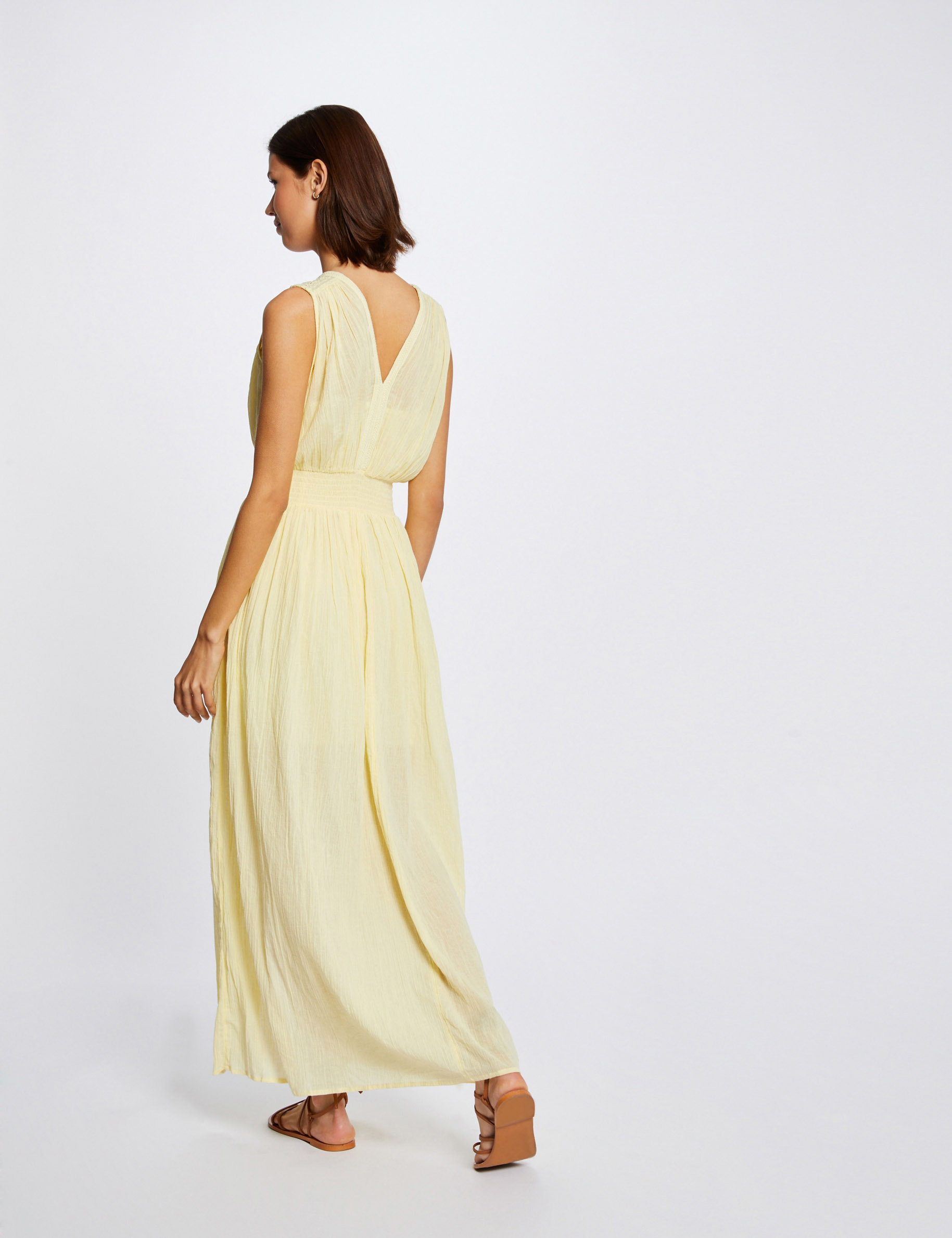 Robe longue droite avec broderie jaune femme