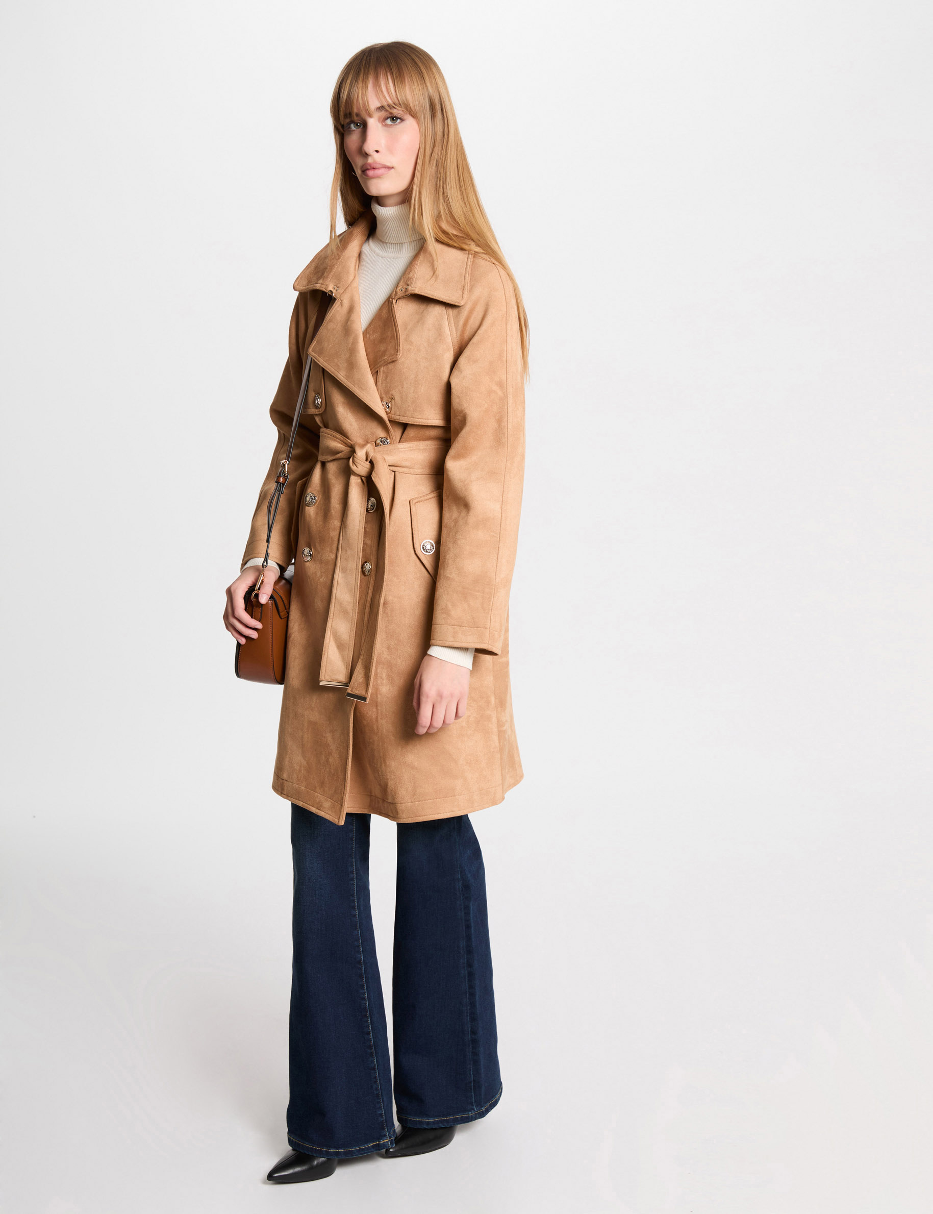 Trench long su&eacute;dine marron clair femme