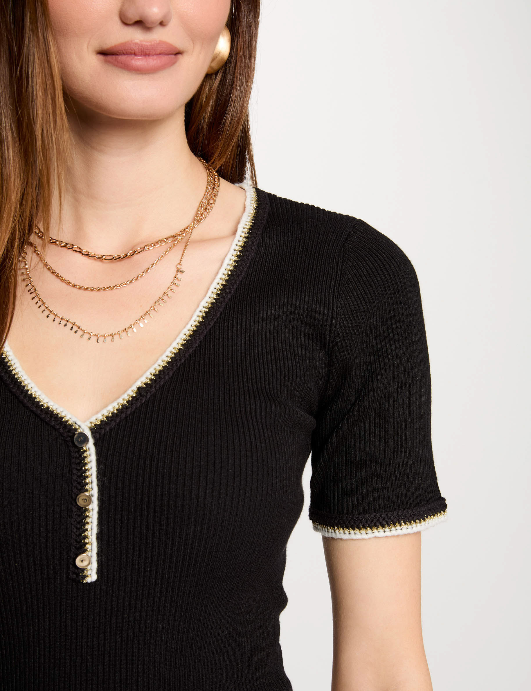 Pull manches courtes côtelé noir femme Morgan