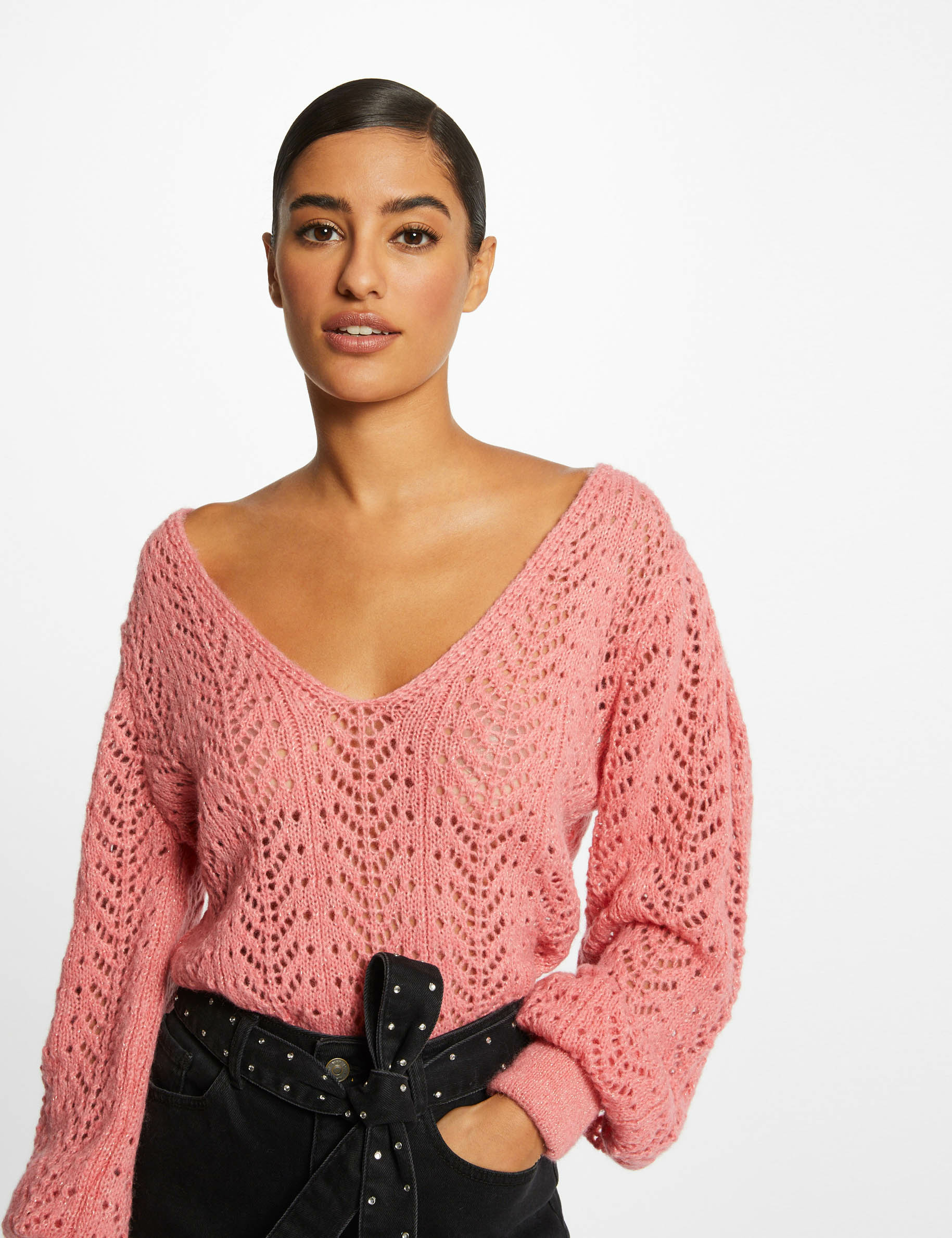 Pull manches longues à détails ajourés rose femme Pull manches longues à détails ajourés rose femme