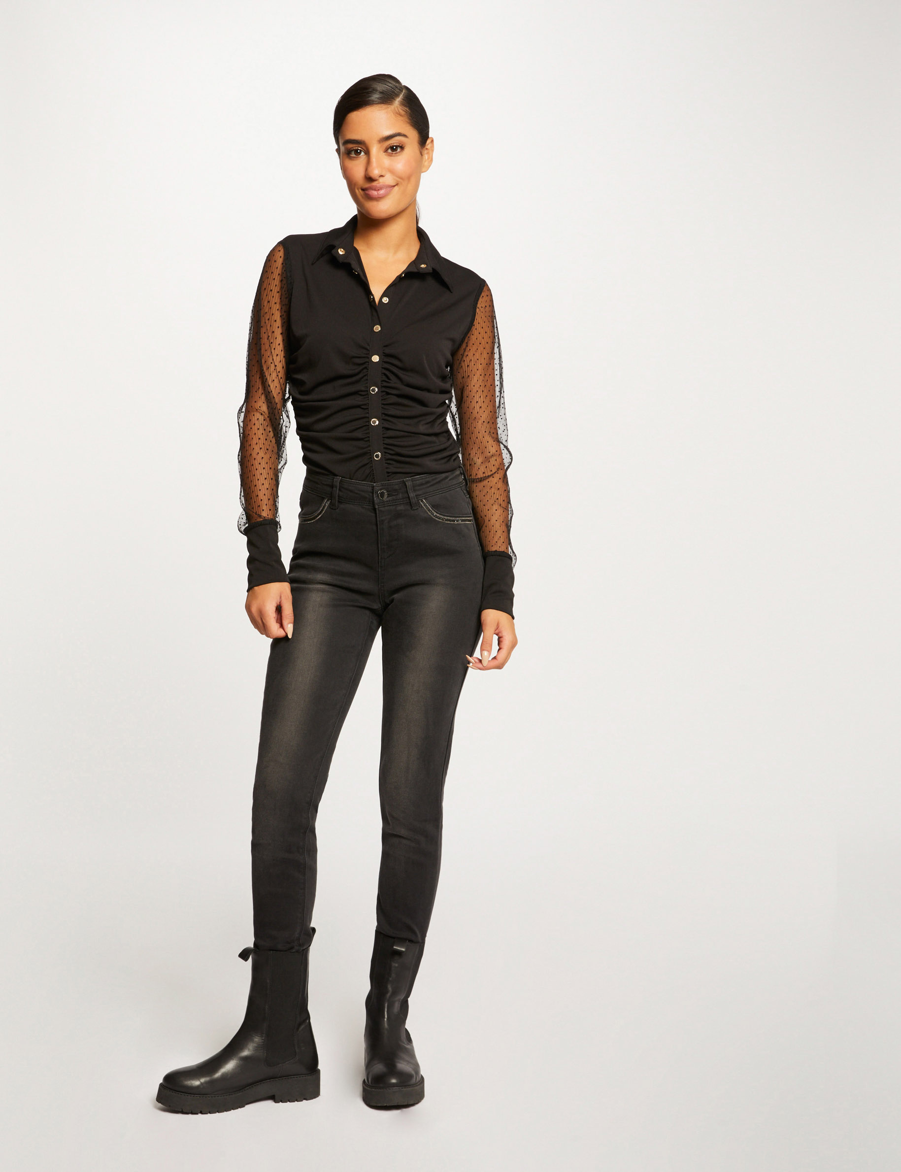 T-shirt manches longues à plumetis noir femme T-shirt manches longues à plumetis noir femme