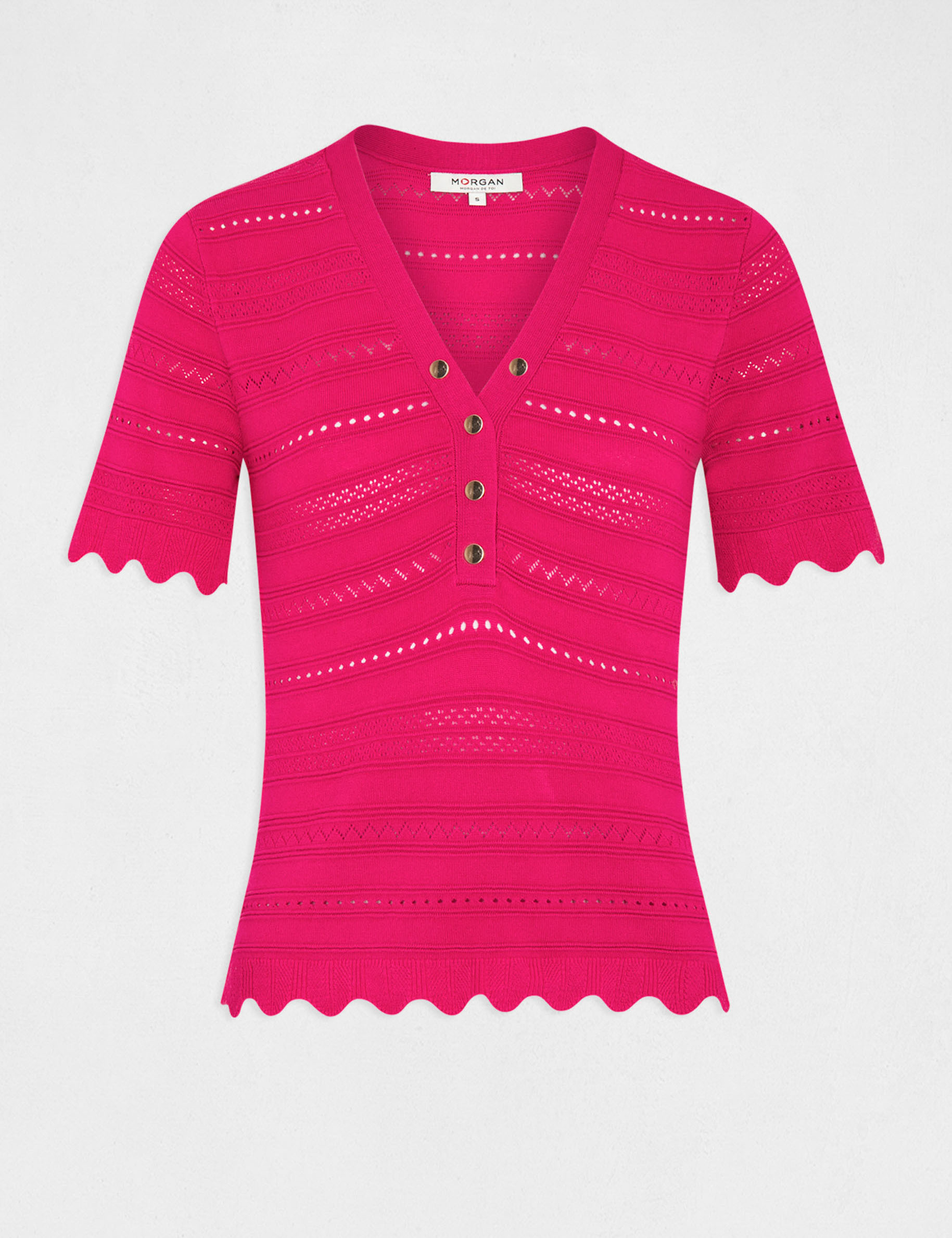 pull manches courtes details ajoures rose fonce femme Pull manches courtes détails ajourés rose fonce femme