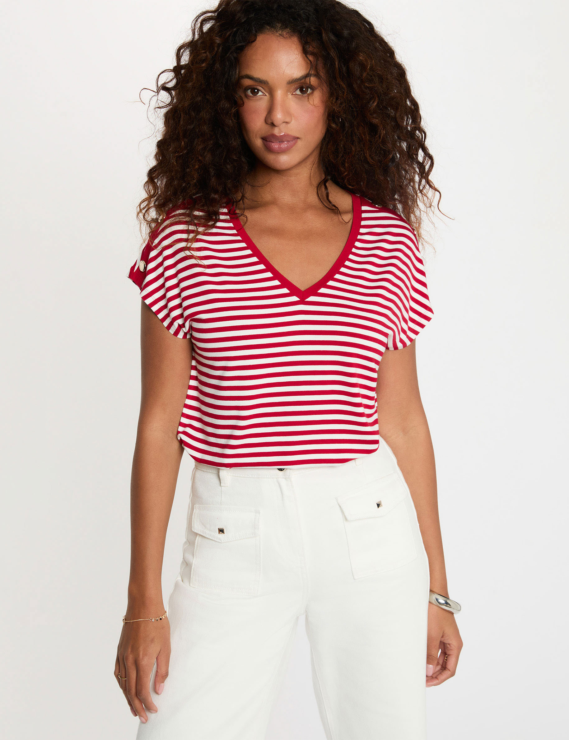 T-shirt ray&eacute; col v blanc femme