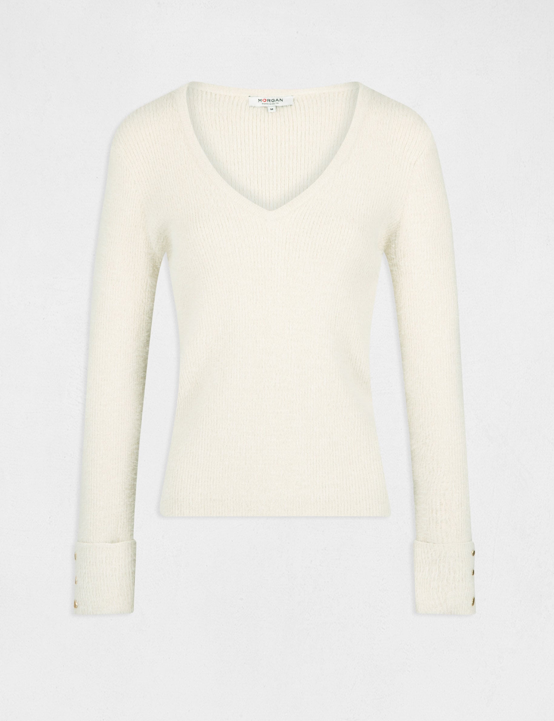 Pull col v m&eacute;tallis&eacute; ivoire femme
