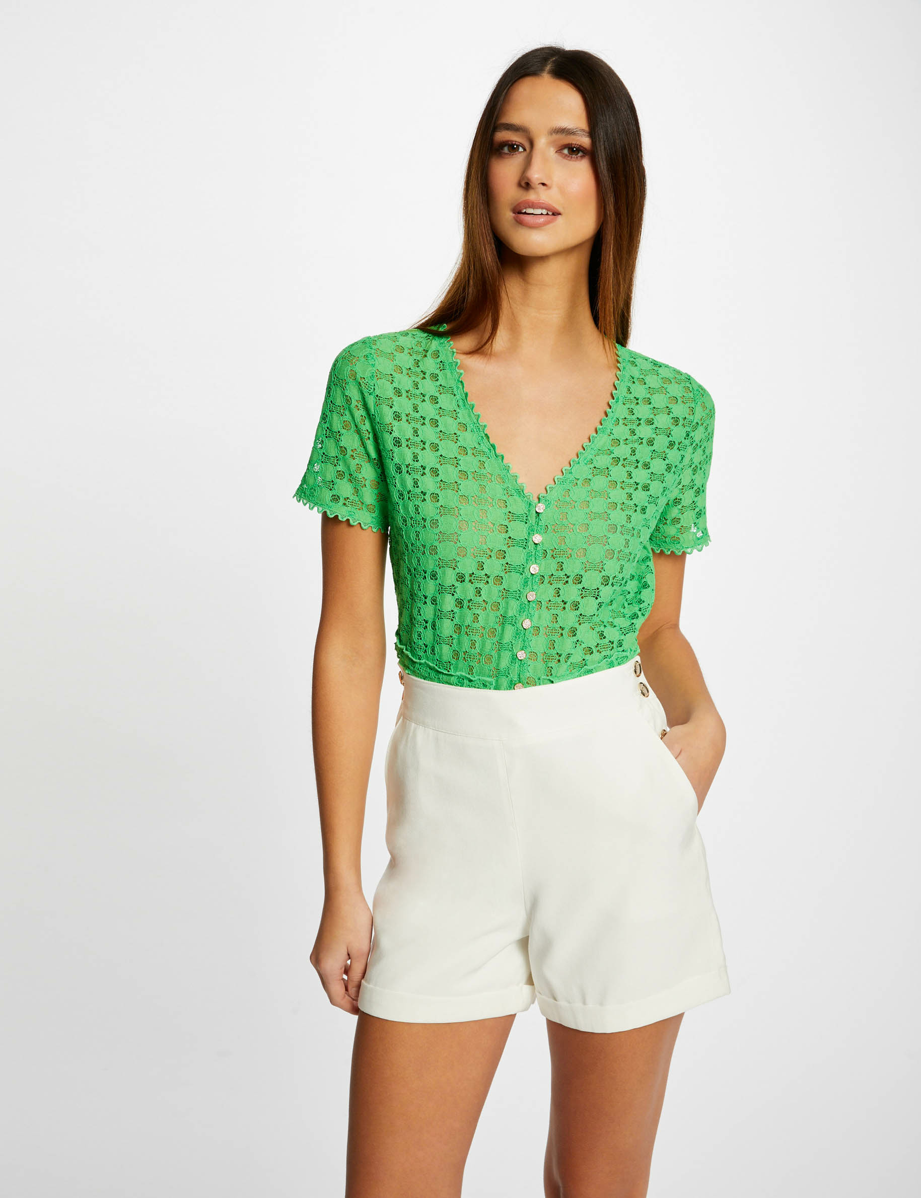 Short droit fluide à ponts ecru femme Short droit fluide à ponts ecru femme