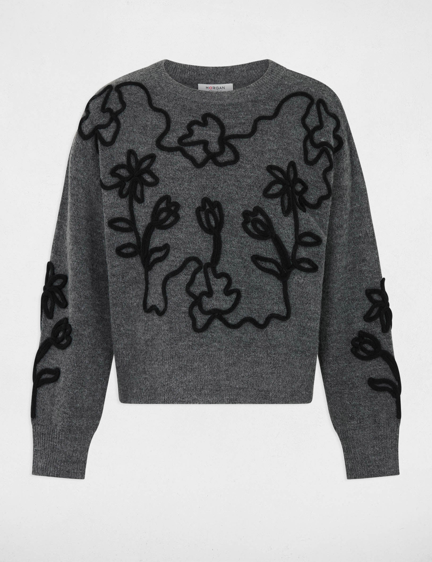 Pull col rond fantaisie gris fonc&eacute; femme