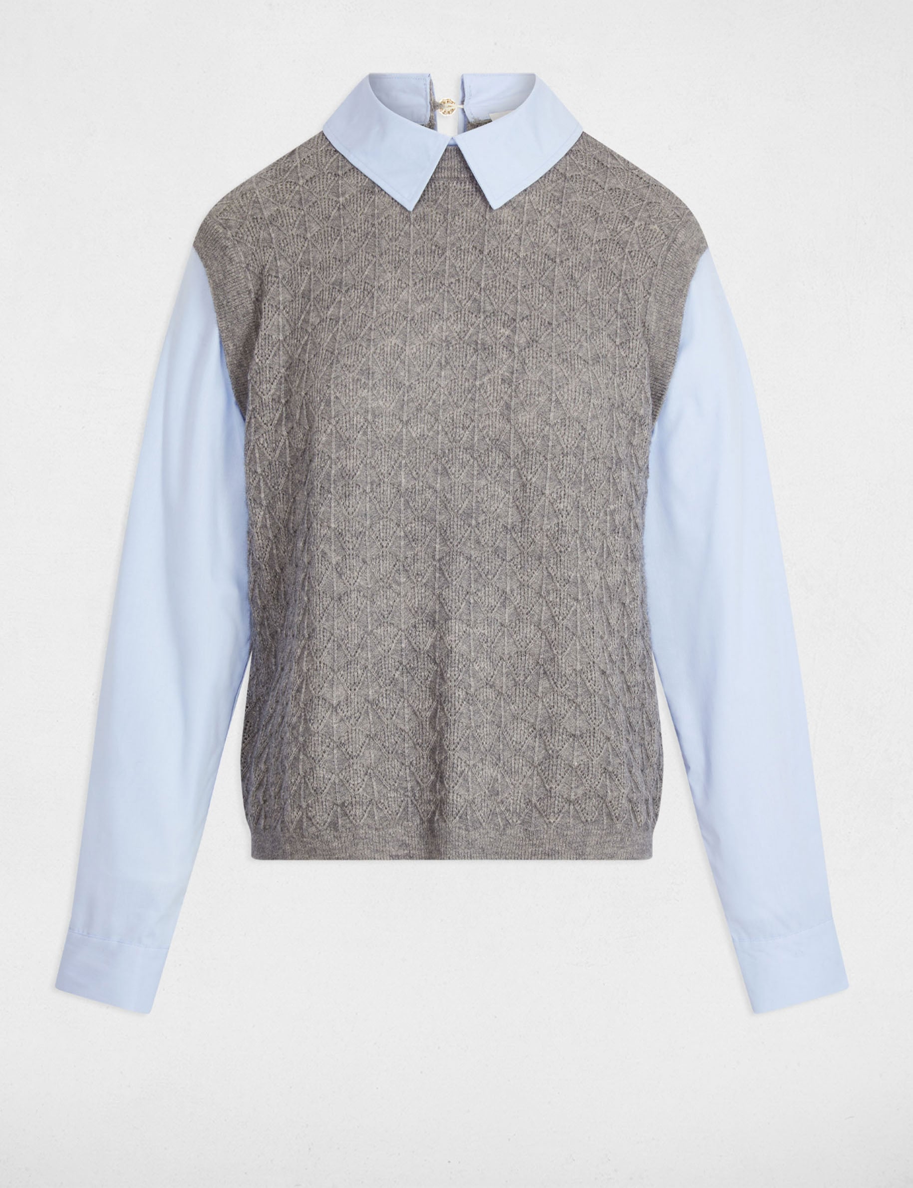 Pull col revers chemise gris clair femme