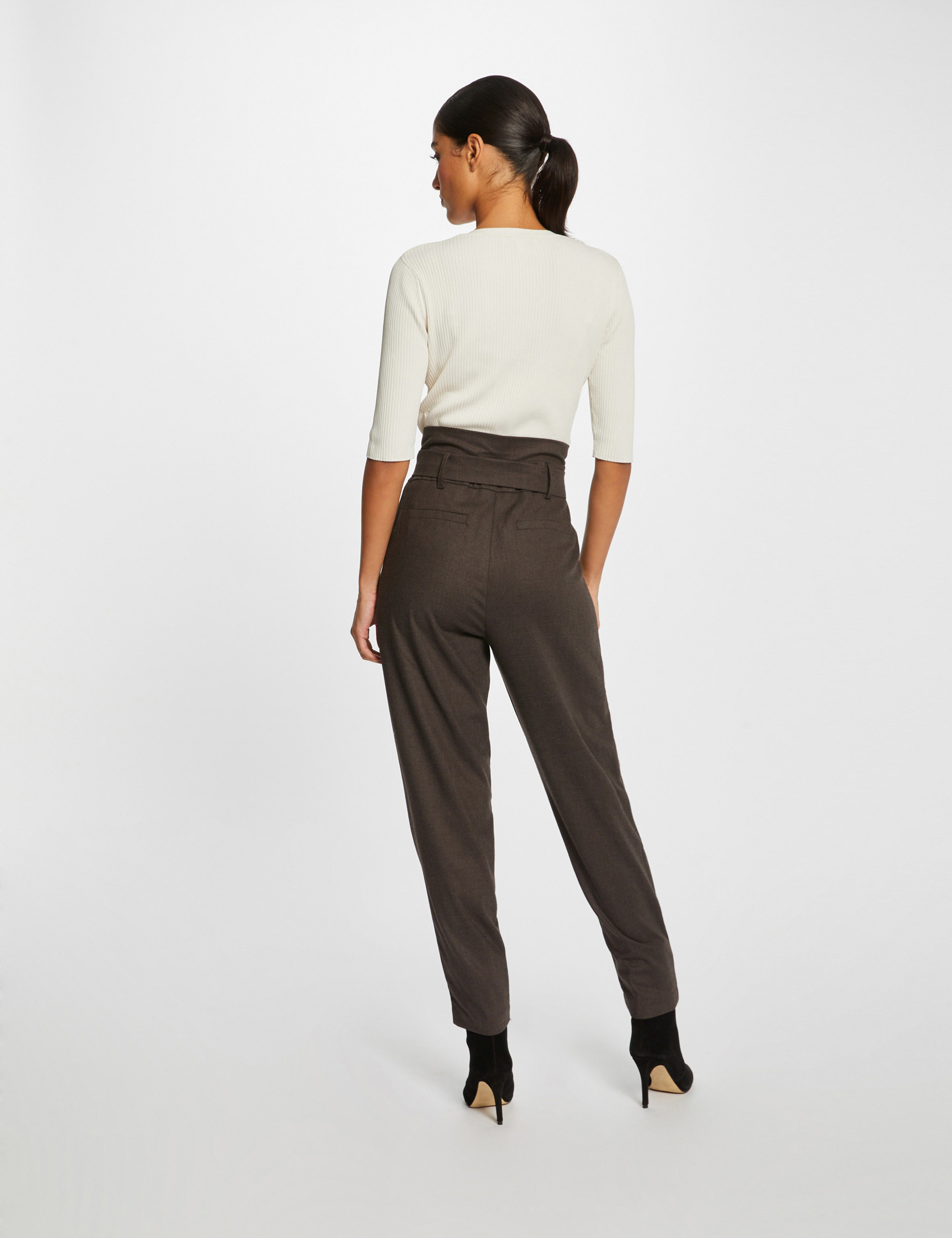 Pantalon paperbag ceinturé marron femme