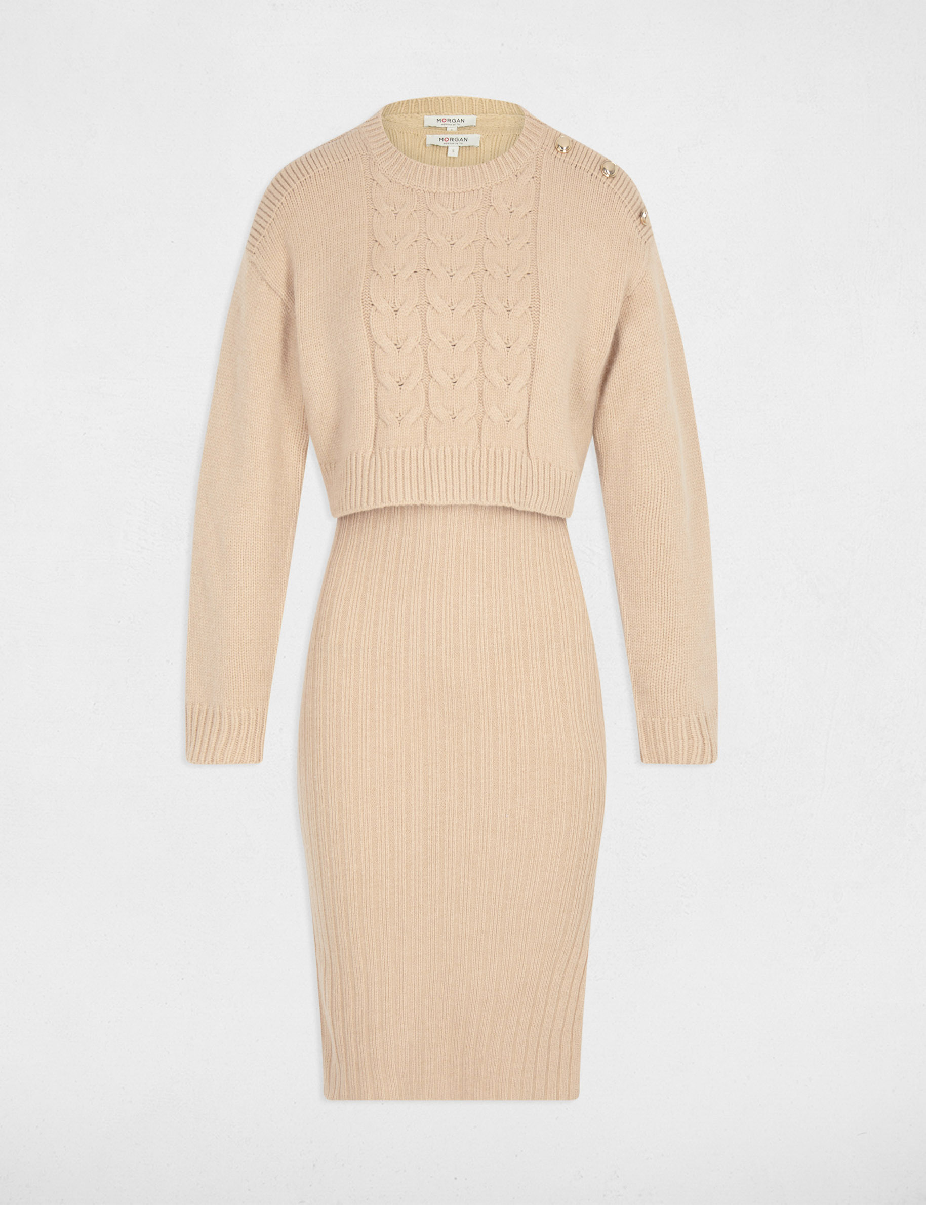 Robe tricot ajust&eacute;e 2-en-1 beige femme