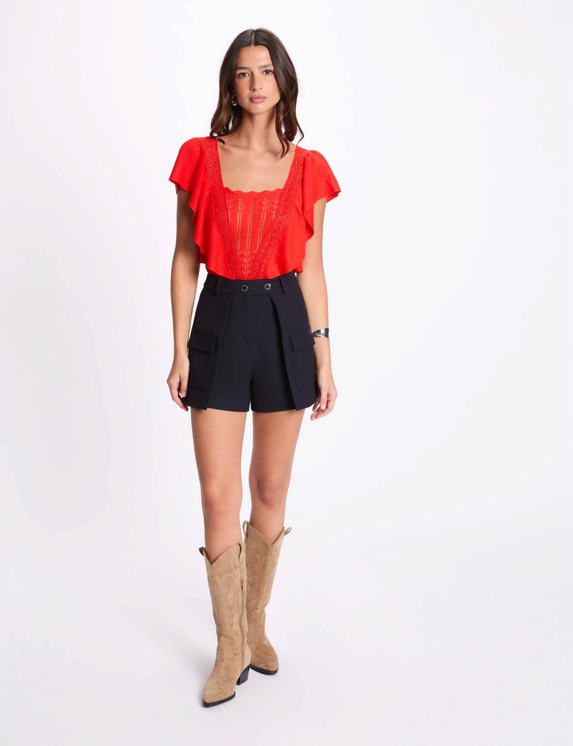 pull manches courtes dentelle orange femme Pull manches courtes dentelle orange femme