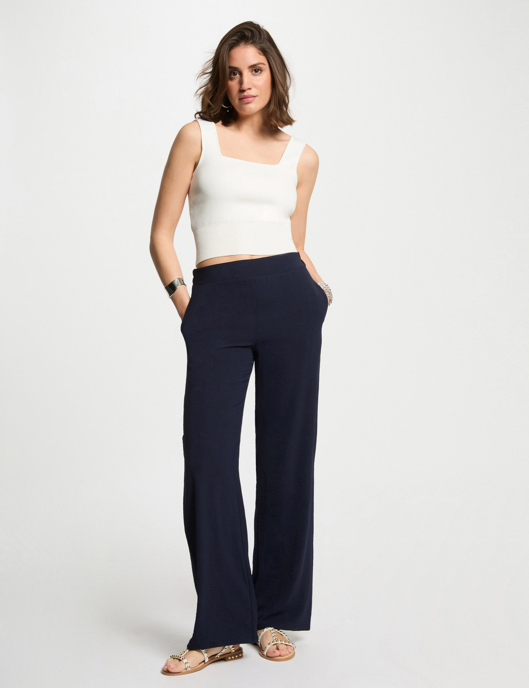 pantalon large fluide bleu marine femme Pantalon large fluide bleu marine femme