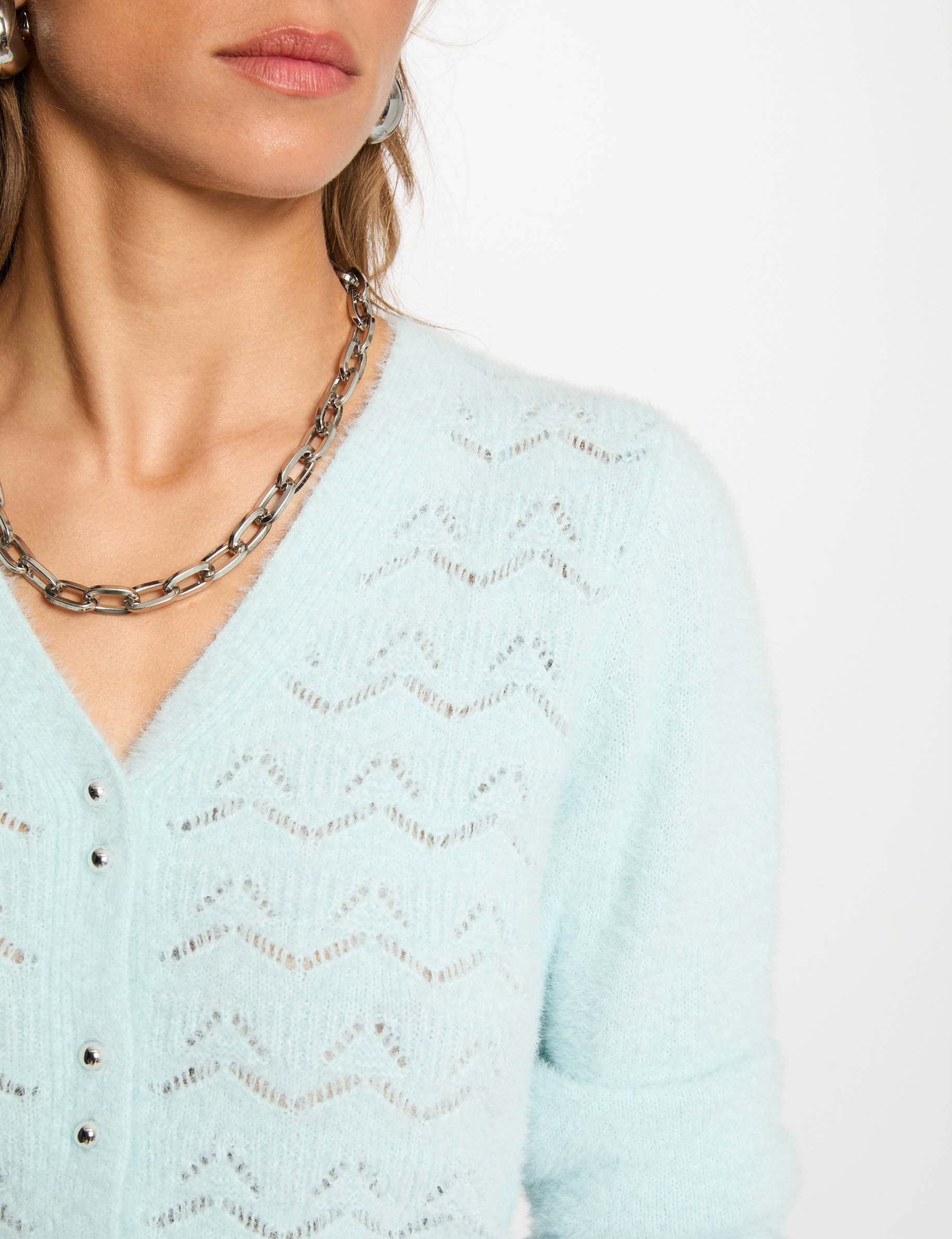 Gilet col v textur&eacute; bleu ciel femme