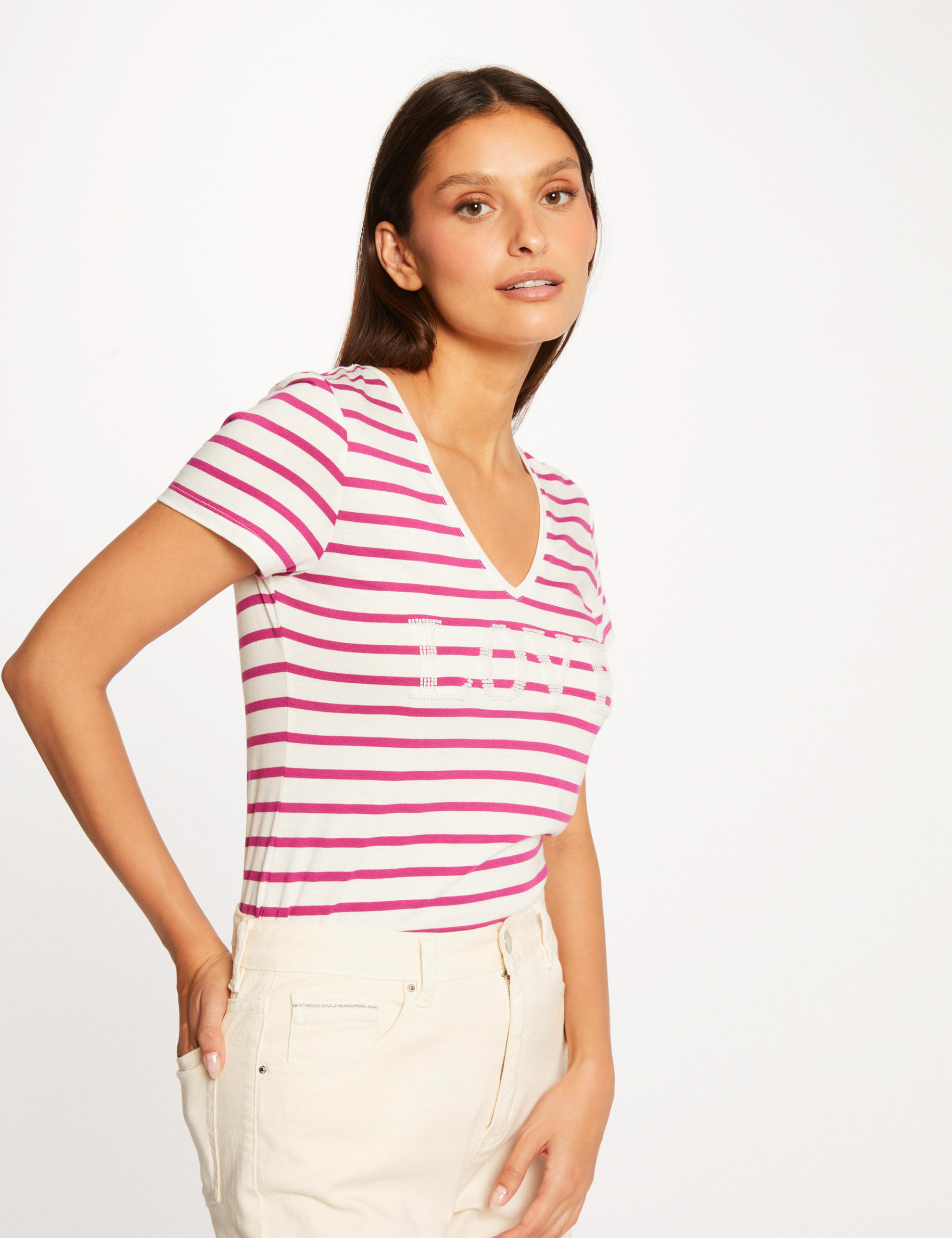 Image of T-shirt manches courtes à rayures framboise femme