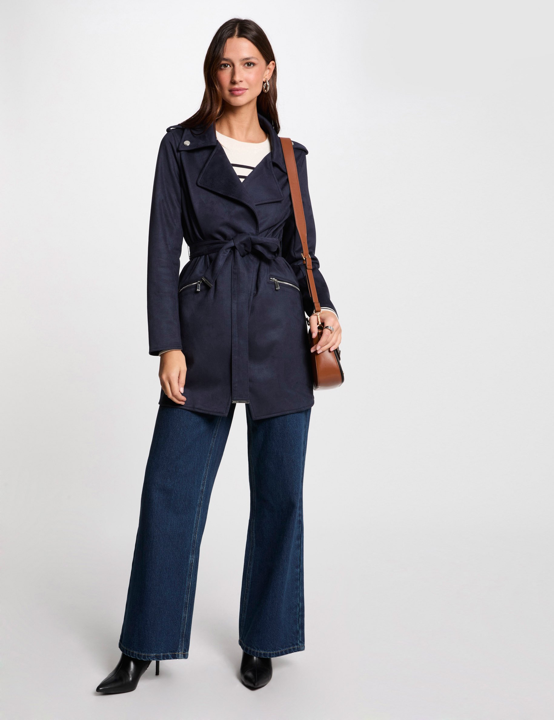 manteau long ceinture suedine bleu marine femme Manteau long ceinturé suédine bleu marine femme