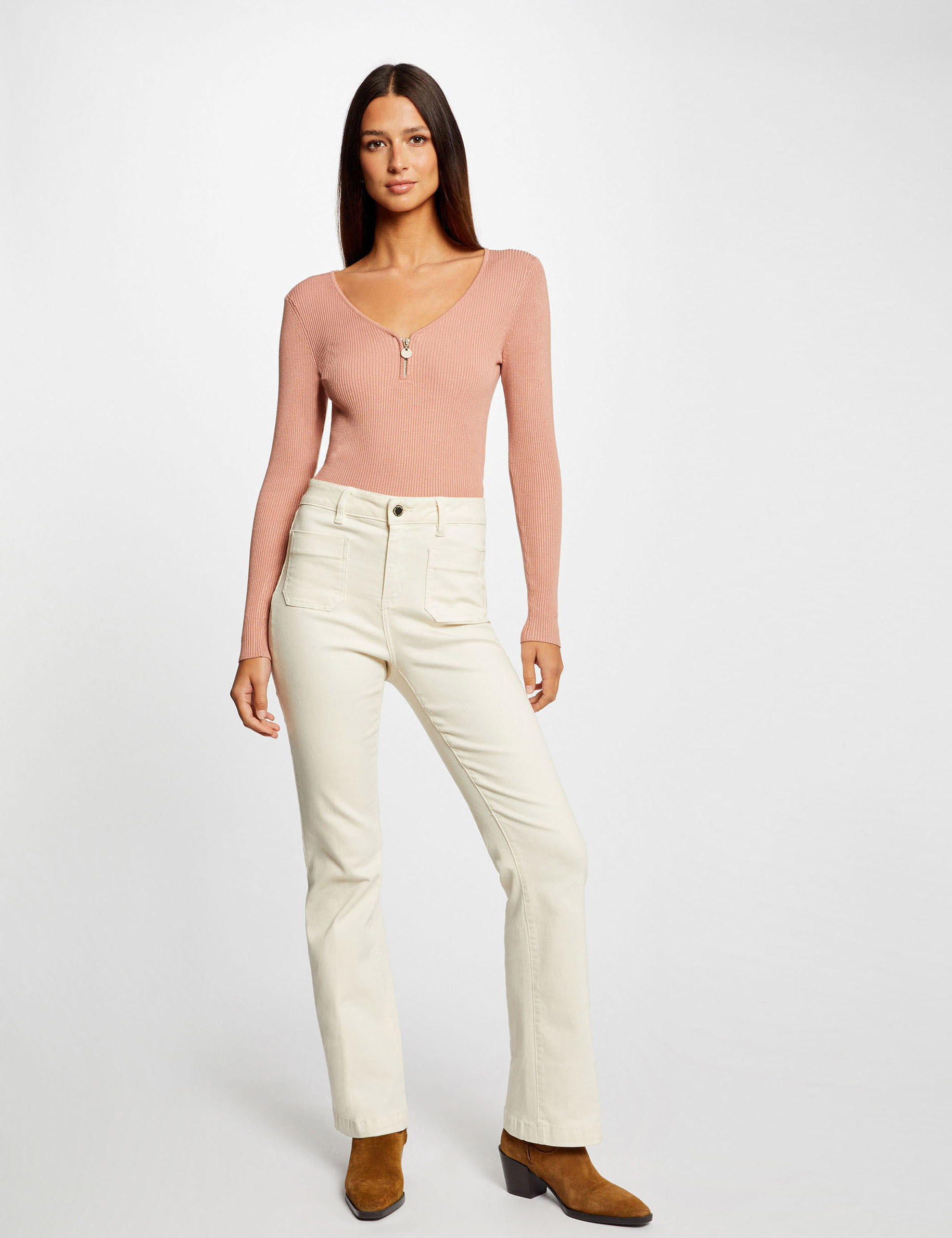 pull manches longues cotele detail zippe vieux rose femme Pull manches longues côtelé détail zippé vieux rose femme