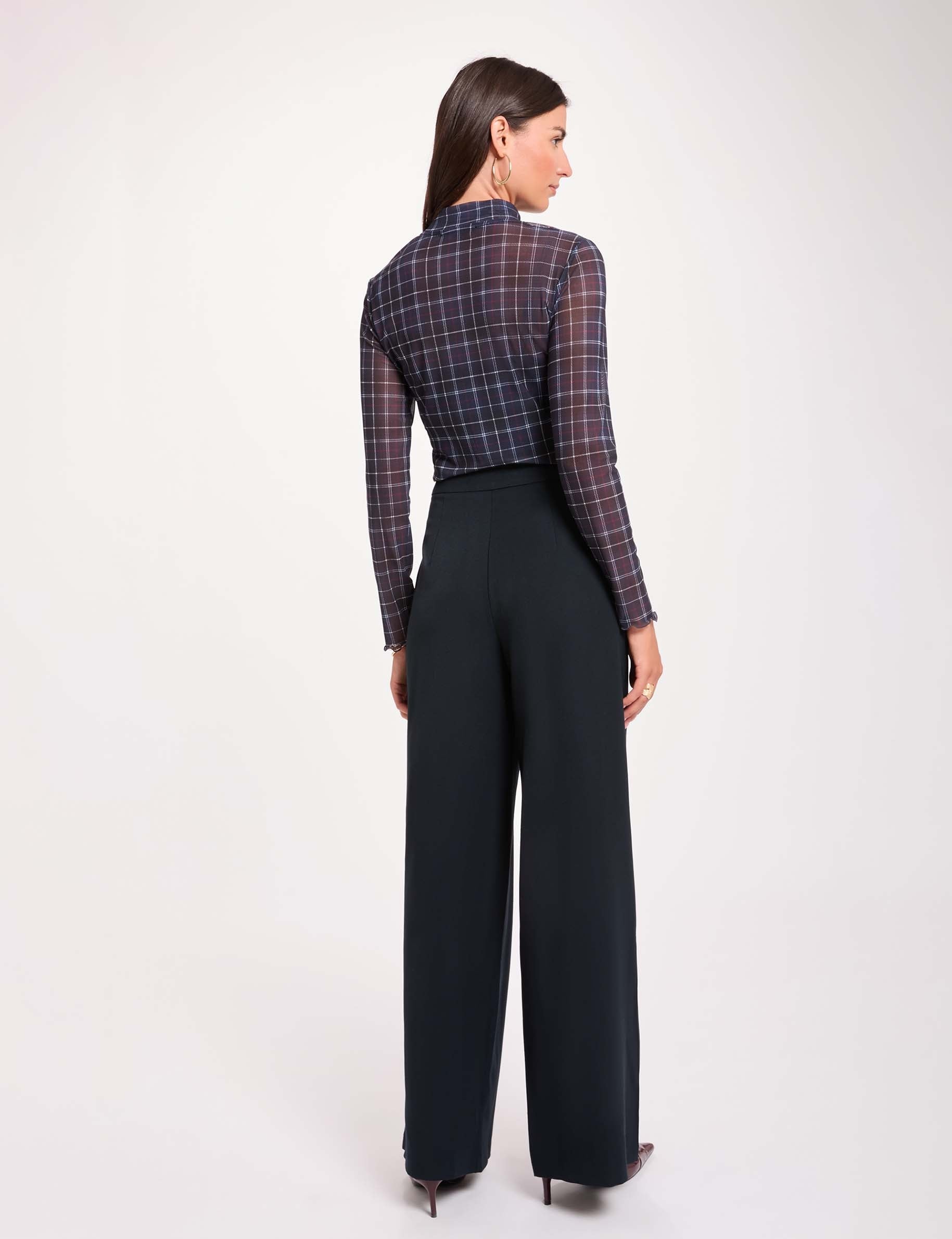 Pantalon large &agrave; plis bleu marine femme