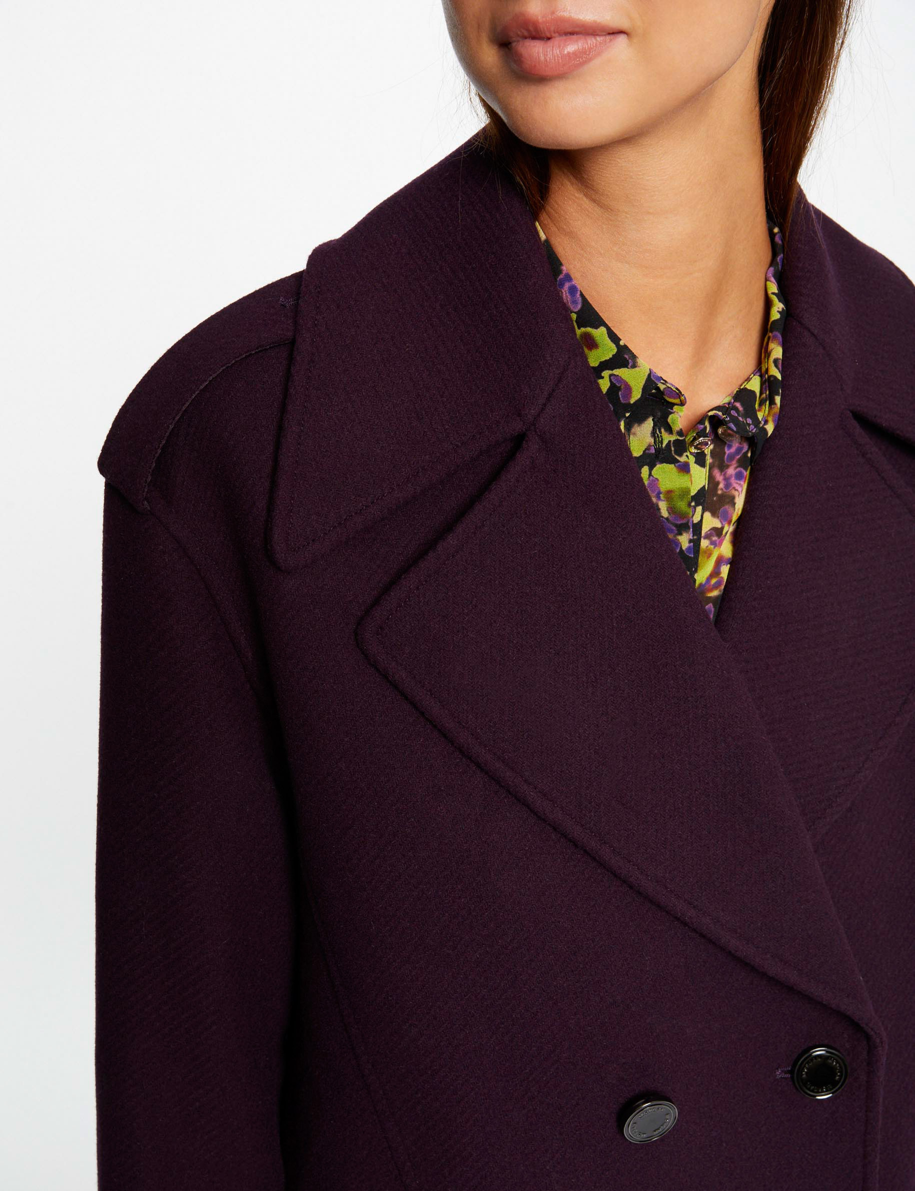 Manteau cintré boutonné violet foncé femme