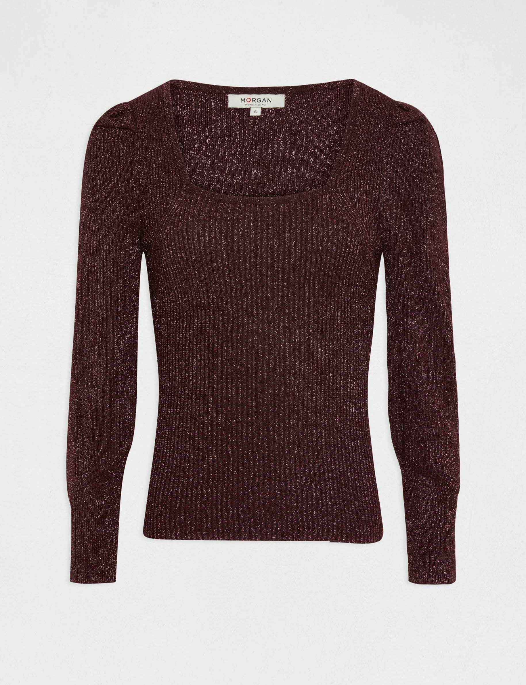 Pull manches longues encolure carrée prune femme