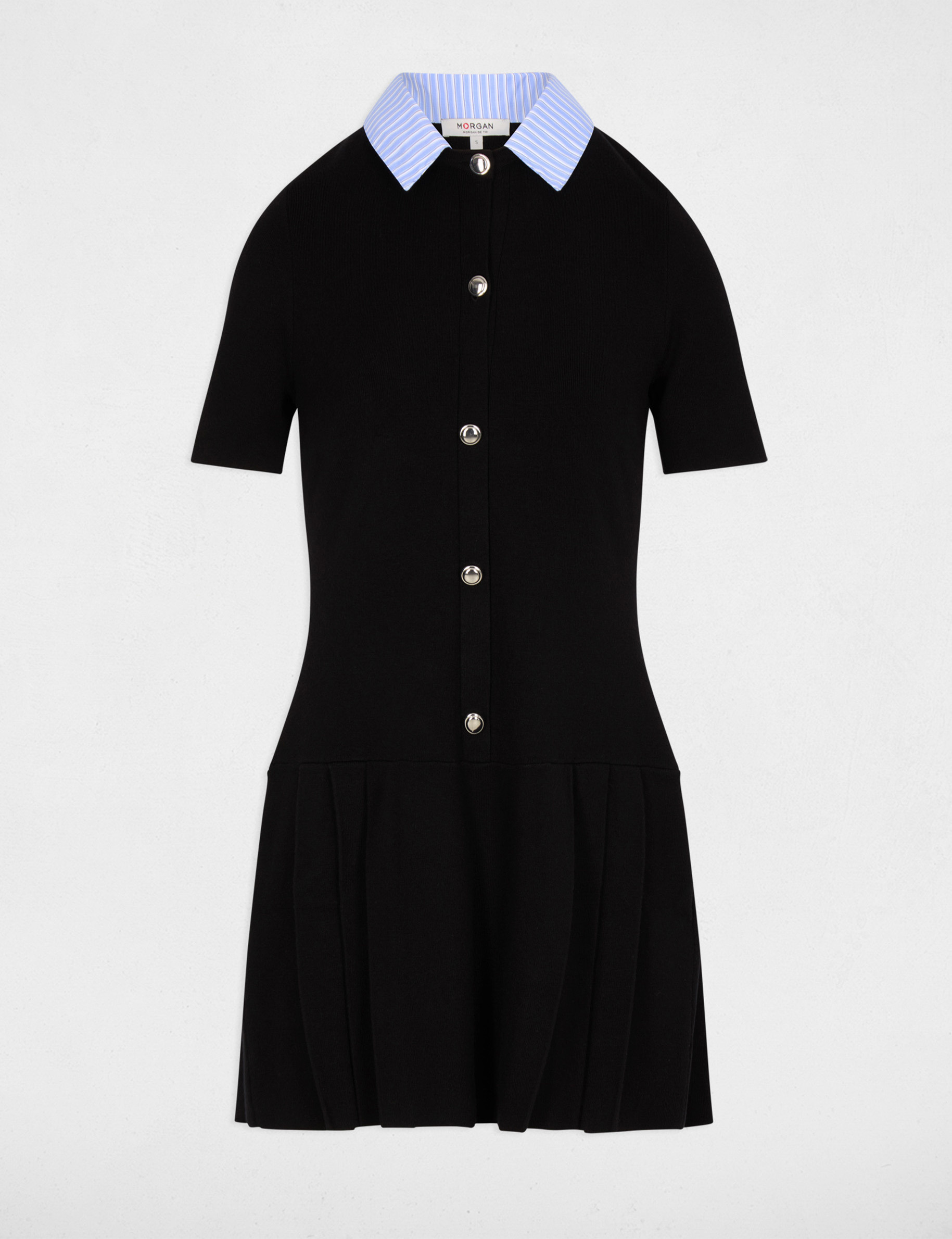 Robe tricot col chemise noir femme