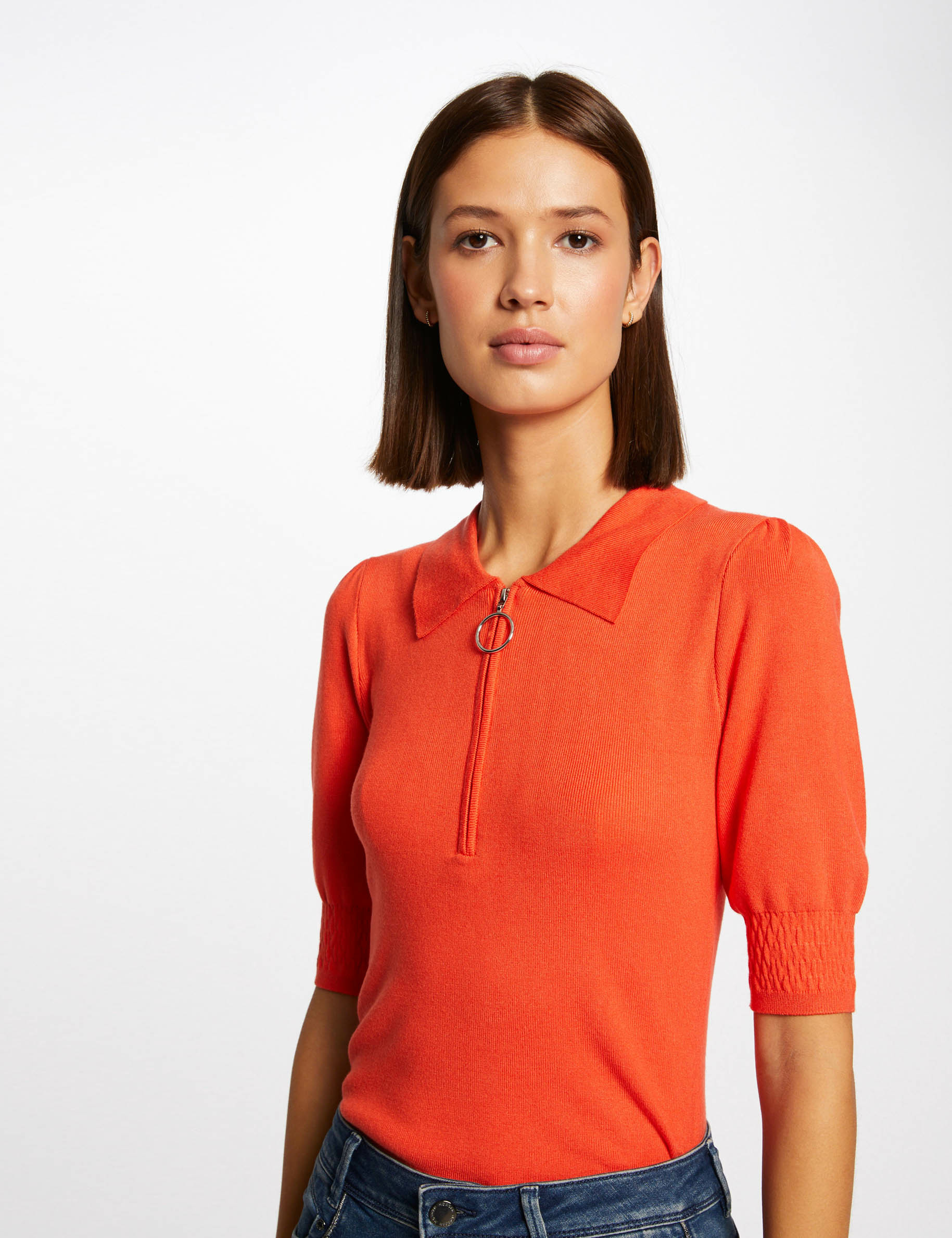 Pull manches courtes à col polo orange femme Pull manches courtes à col polo orange femme