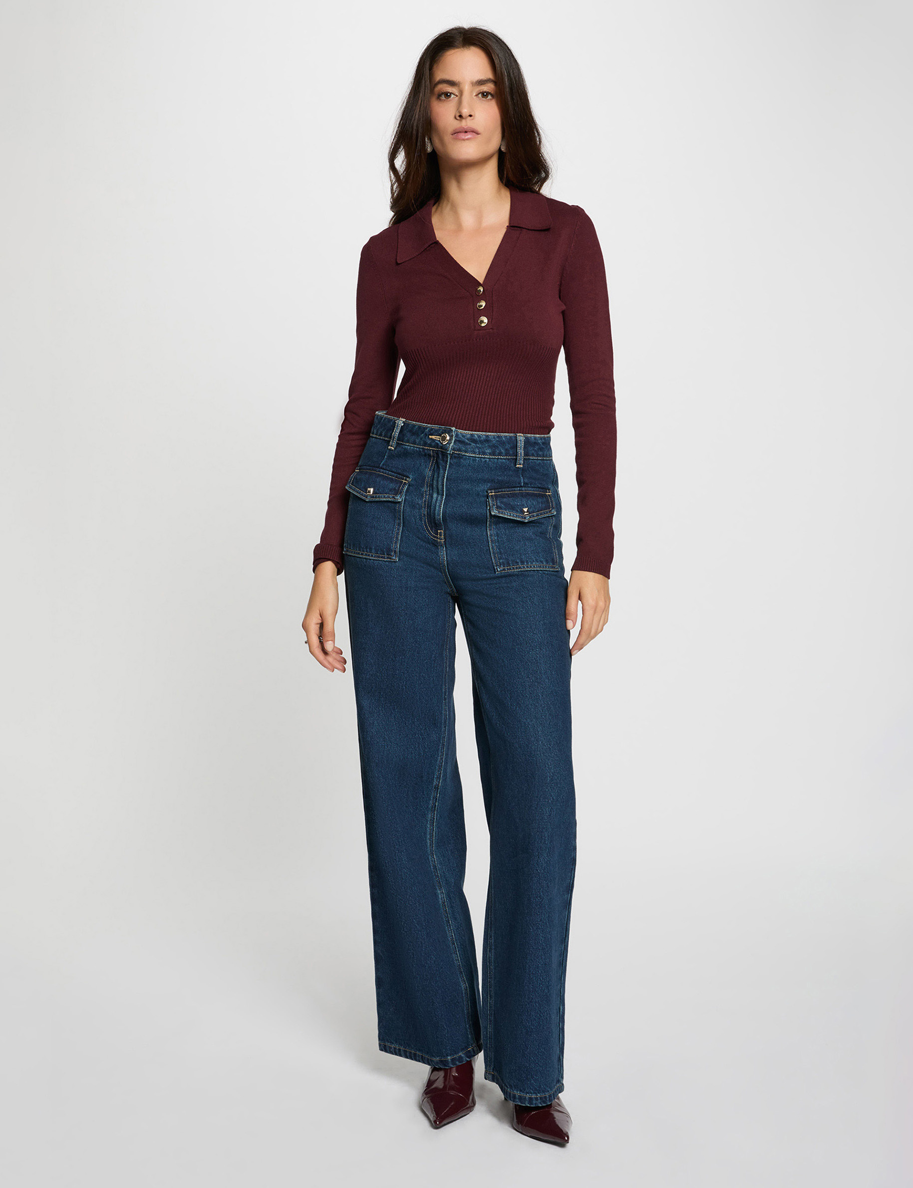 Pull ajusté col polo prune femme