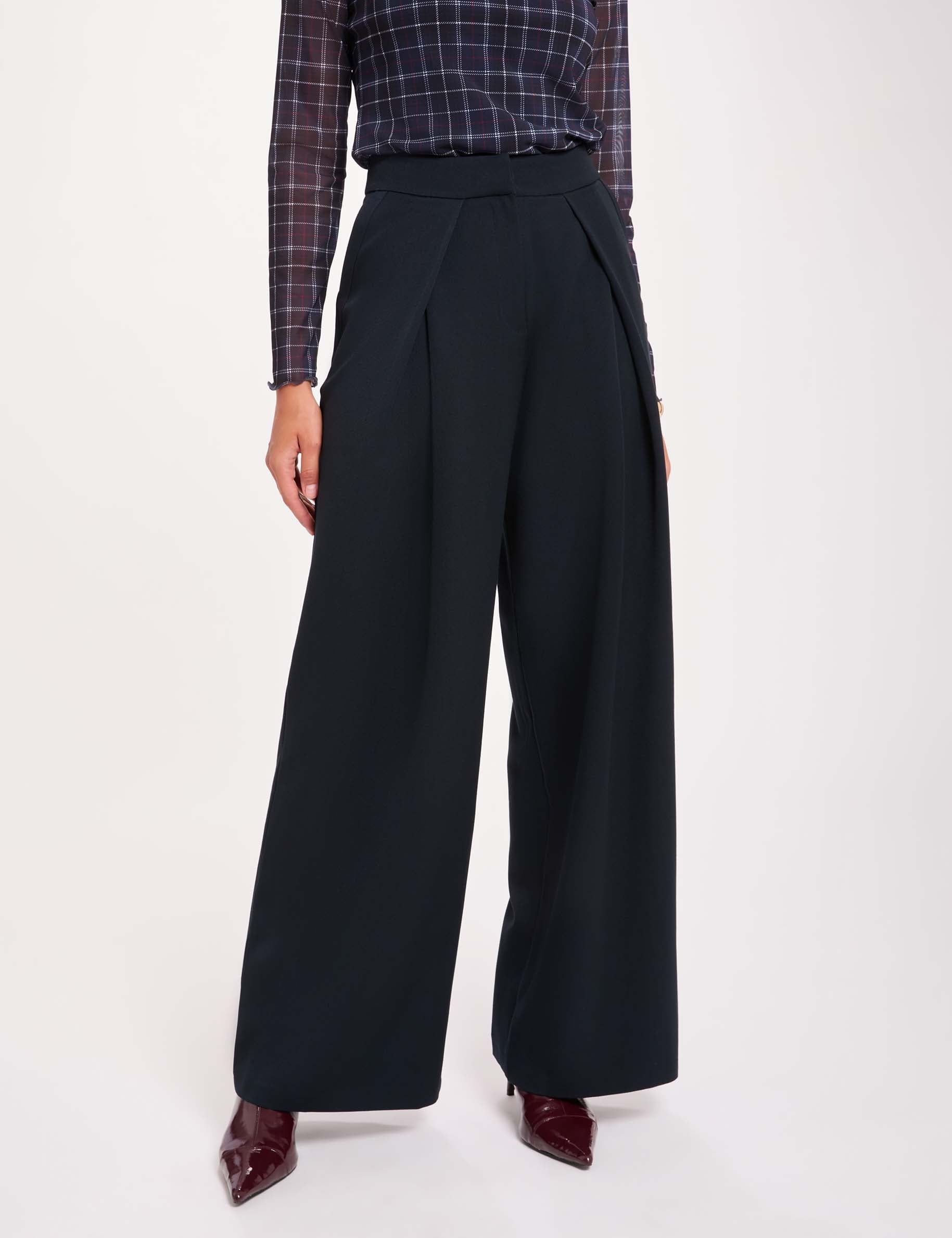 Pantalon large &agrave; plis bleu marine femme