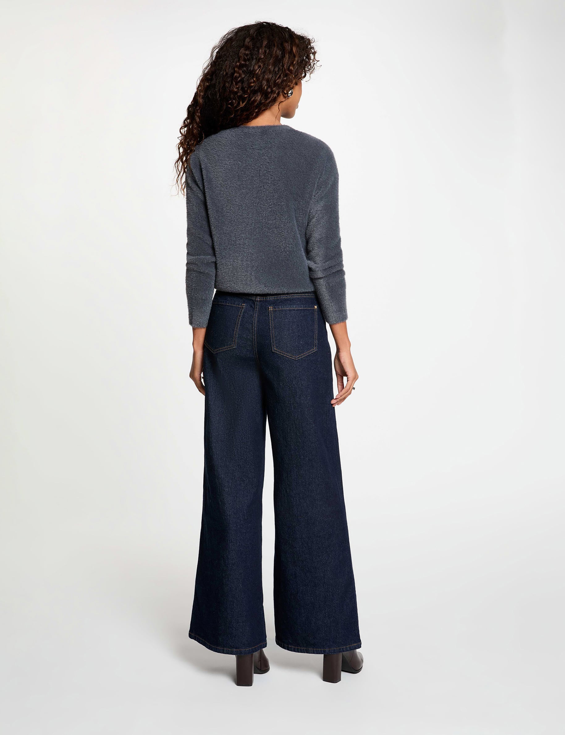 Pull col rond &agrave; boutons denim gris fonce femme