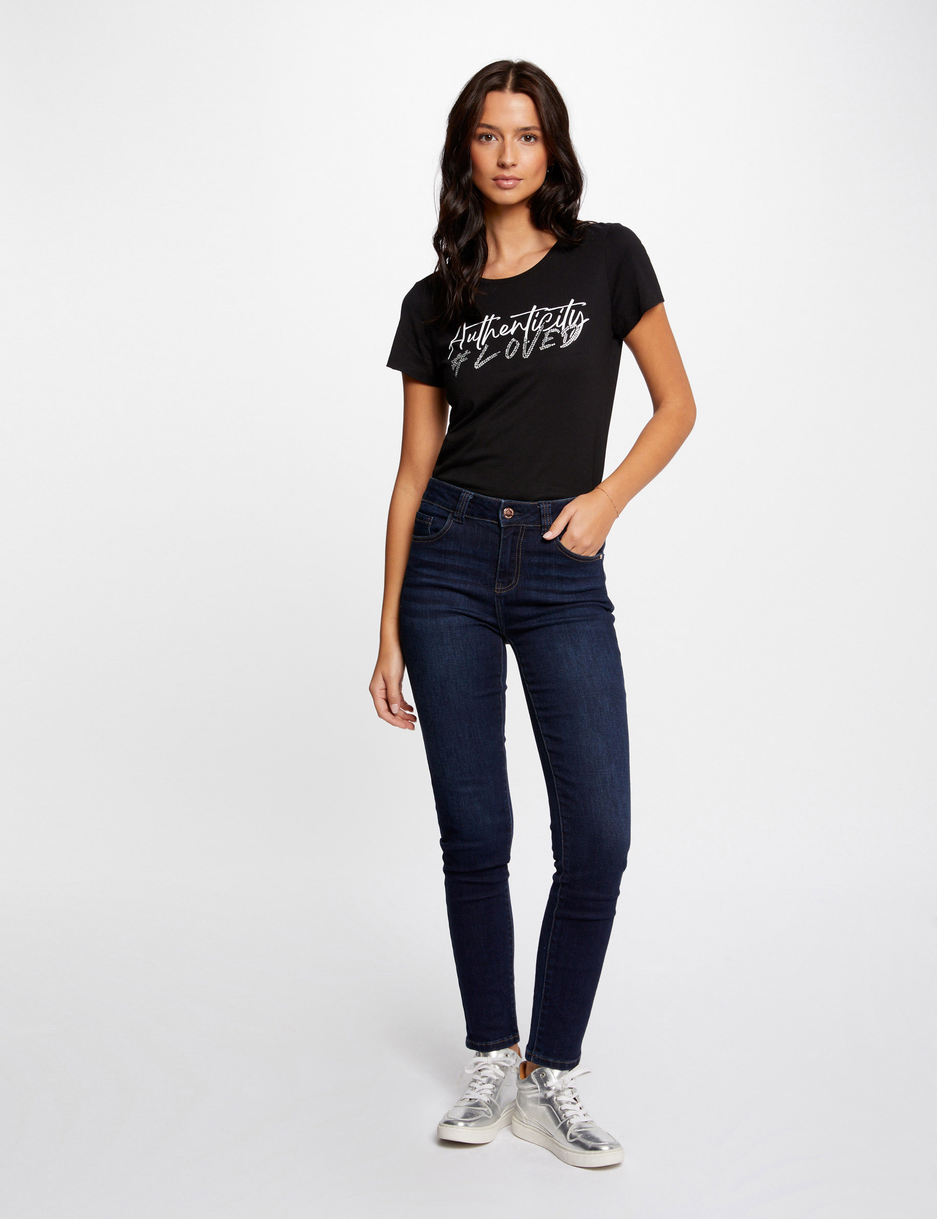 T-shirt manches courtes à inscription noir femme
