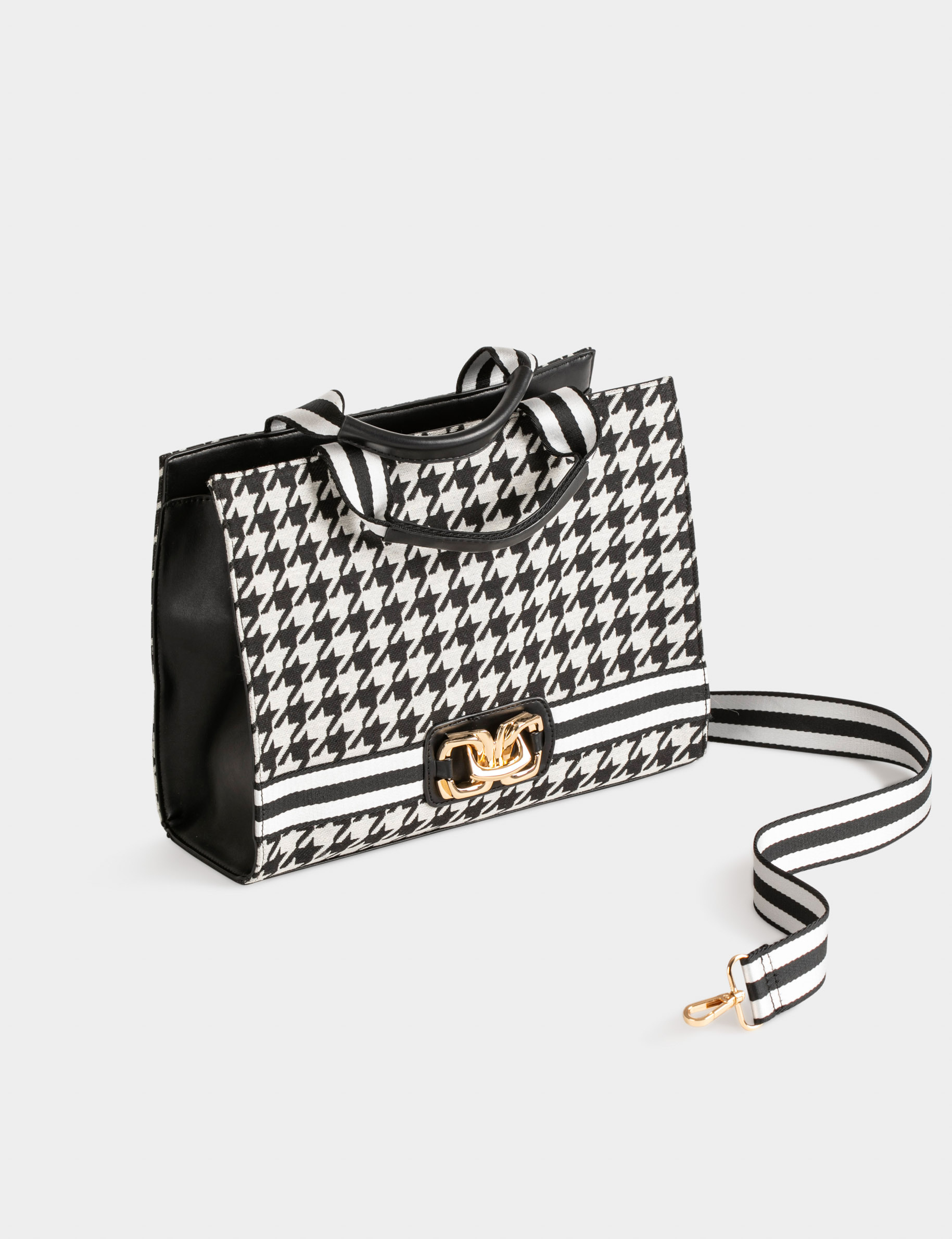 Sac cabas imprimé pied de poule noir femme Sac cabas imprimé pied de poule noir femme