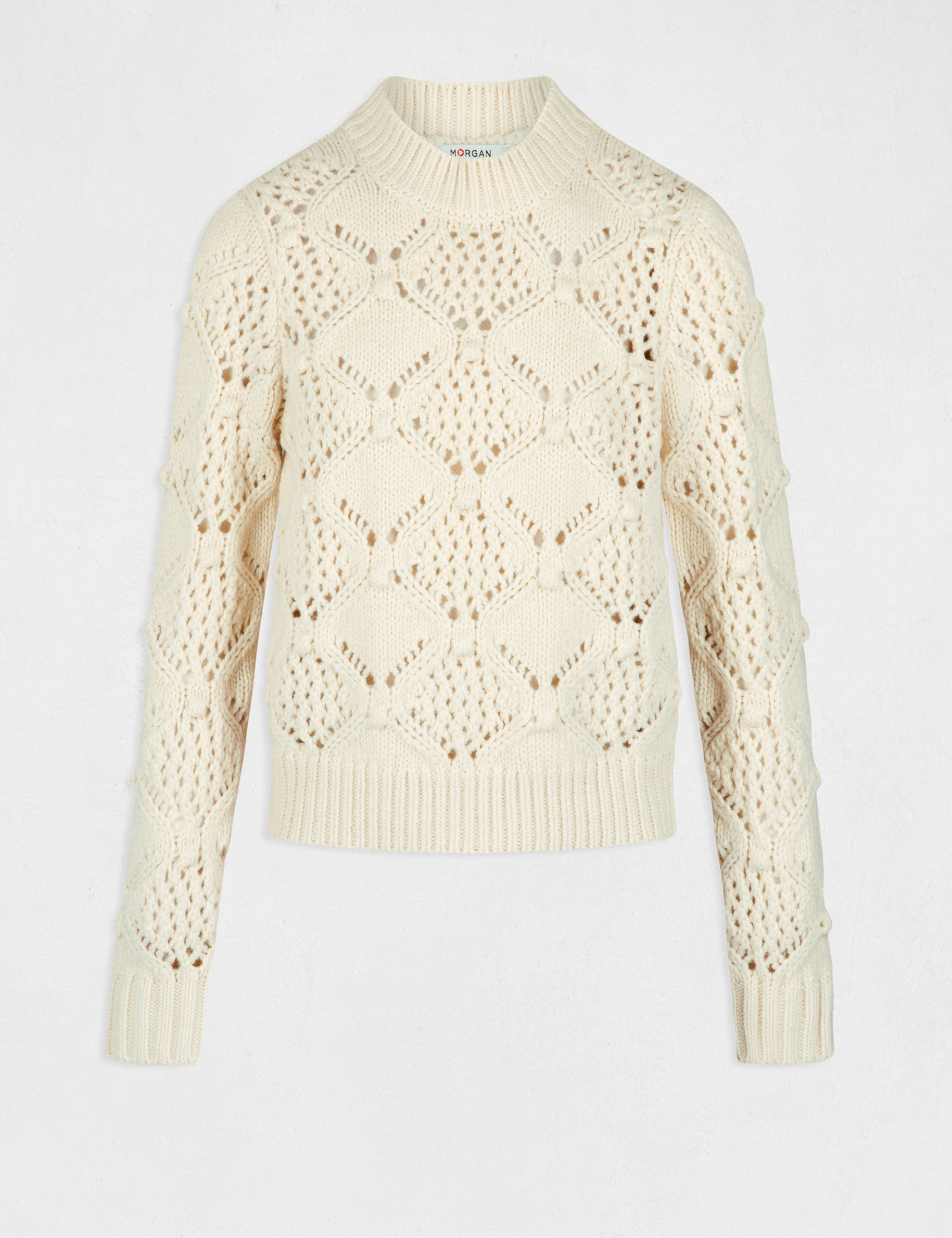 Pull manches longues à détails ajourés ivoire femme Pull manches longues à détails ajourés ivoire femme