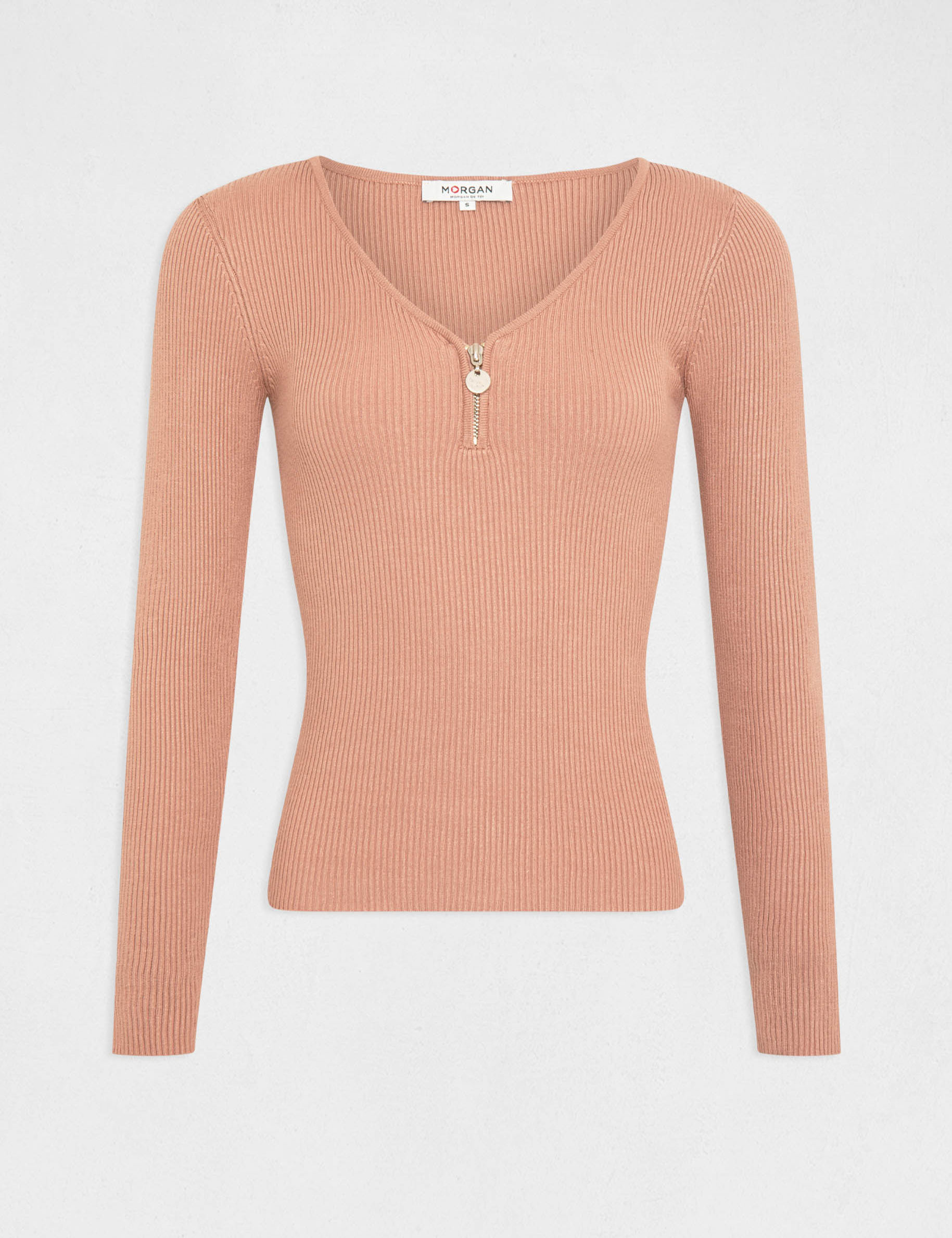pull manches longues cotele detail zippe vieux rose femme Pull manches longues côtelé détail zippé vieux rose femme