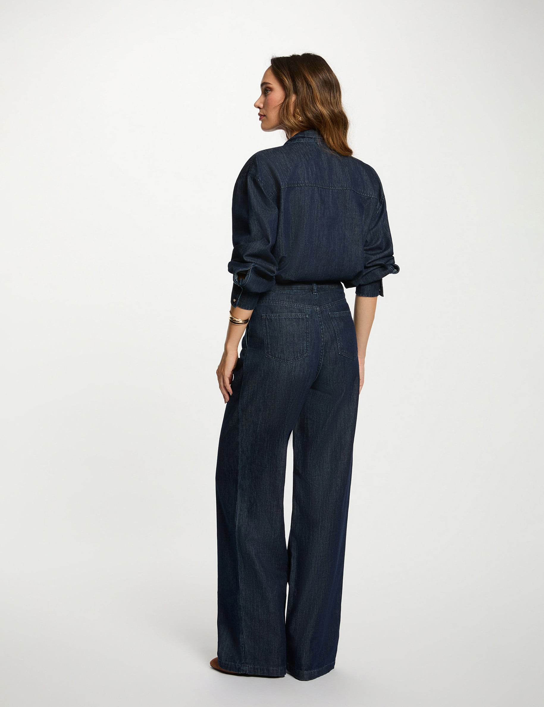 Pantalon large taille haute denim brut femme
