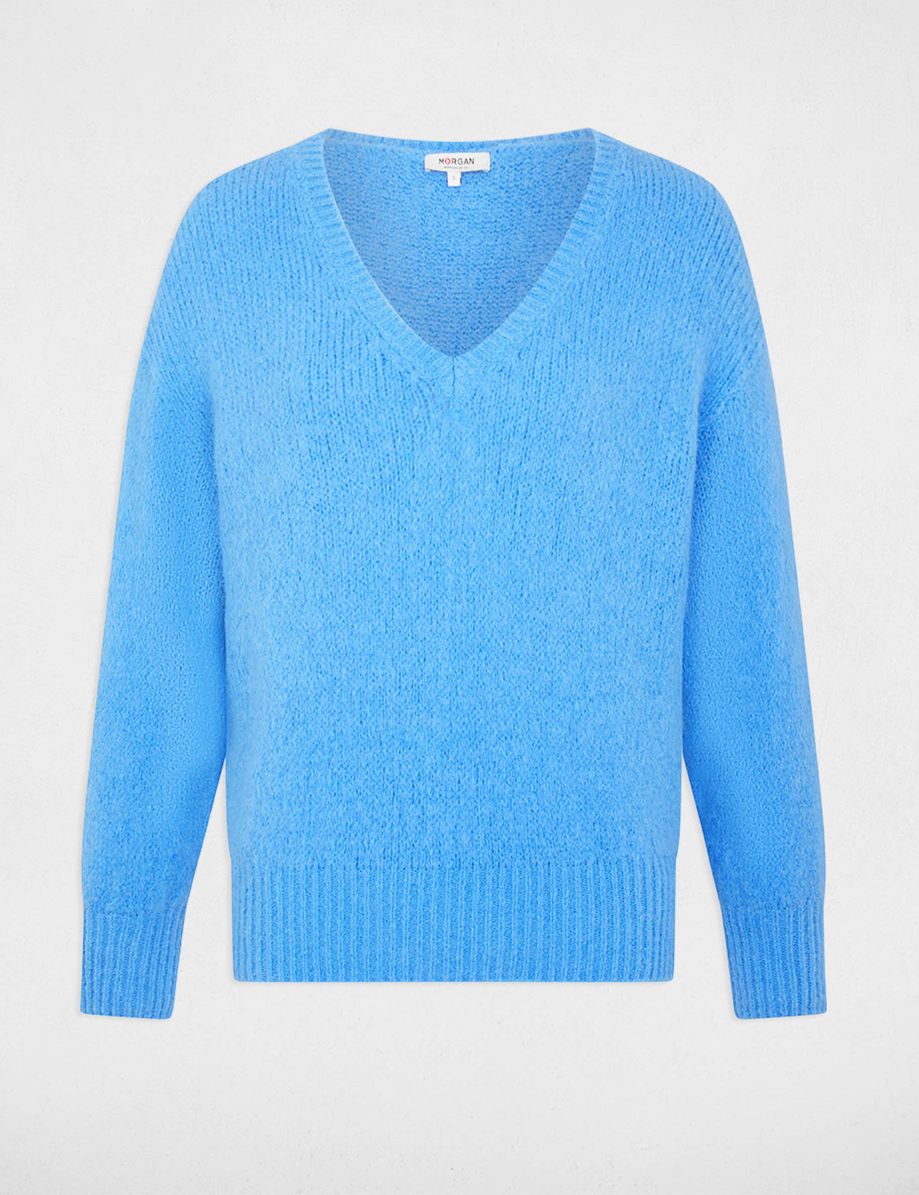Pull col v manches longues bleu femme