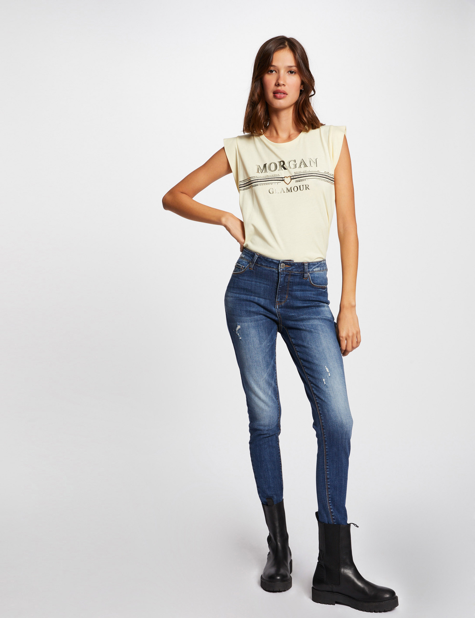 T-shirt manches courtes à inscription jaune paille femme T-shirt manches courtes à inscription jaune paille femme