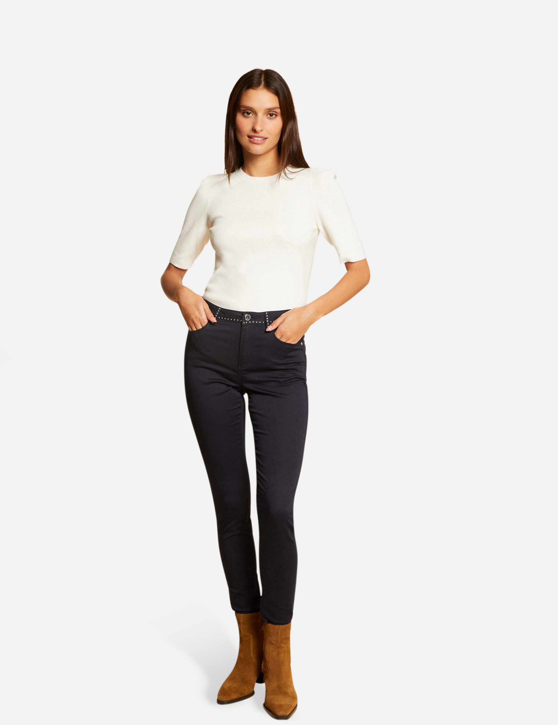 Pantalon slim avec clous marine femme