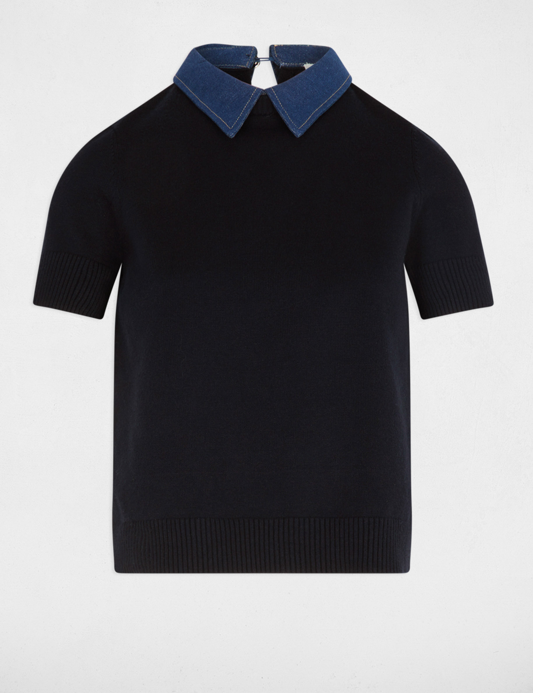 Pull court col chemise bleu marine femme