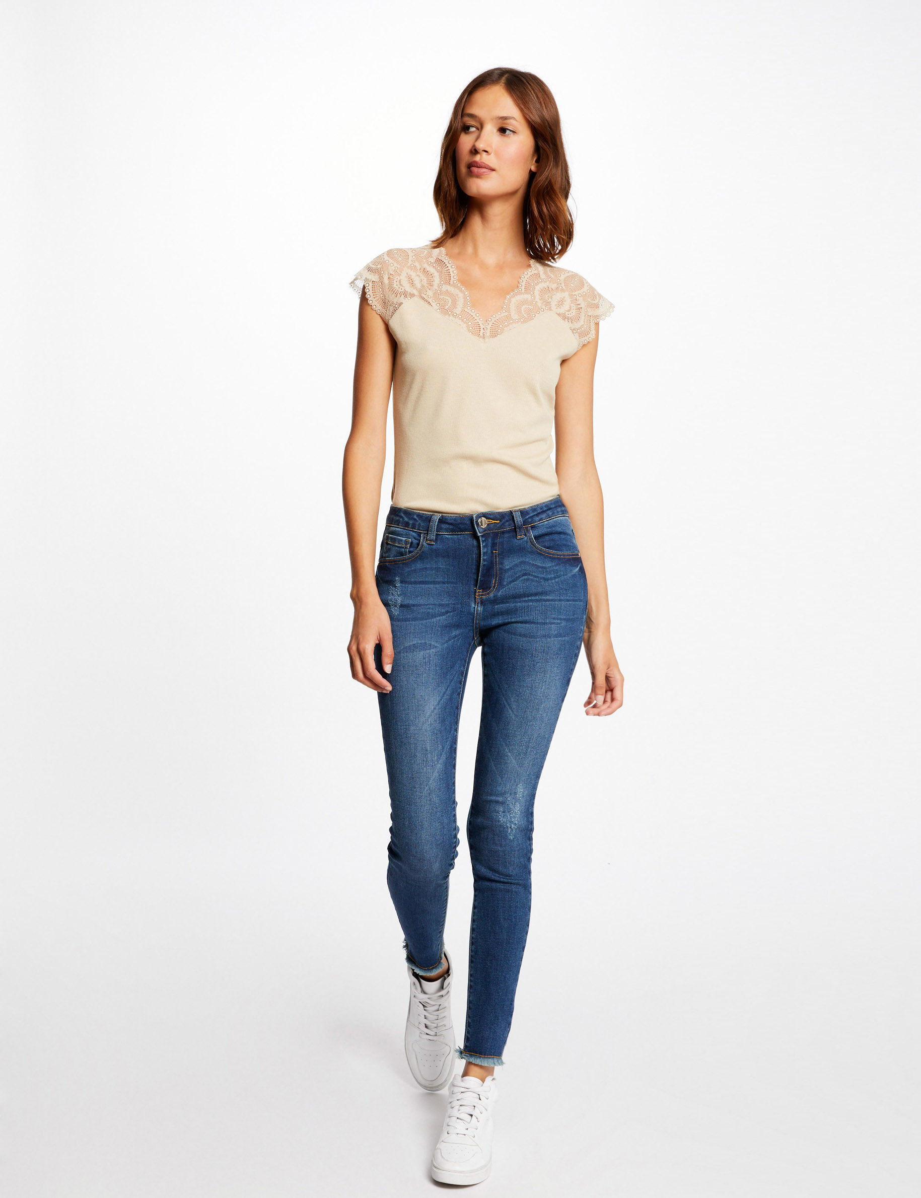 T-shirt manches courtes à dentelle beige femme