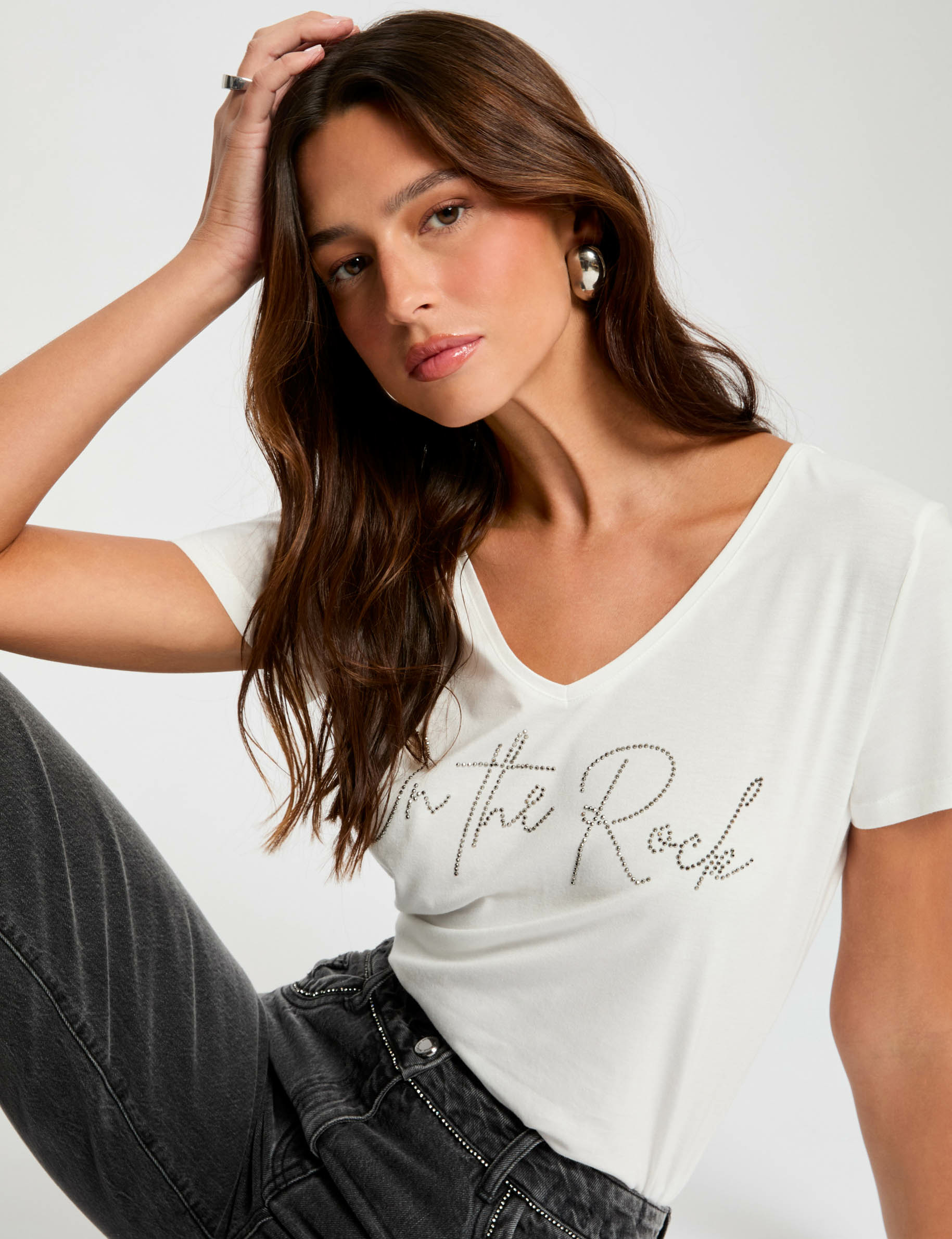 T shirt a inscription ecru femme Morgan