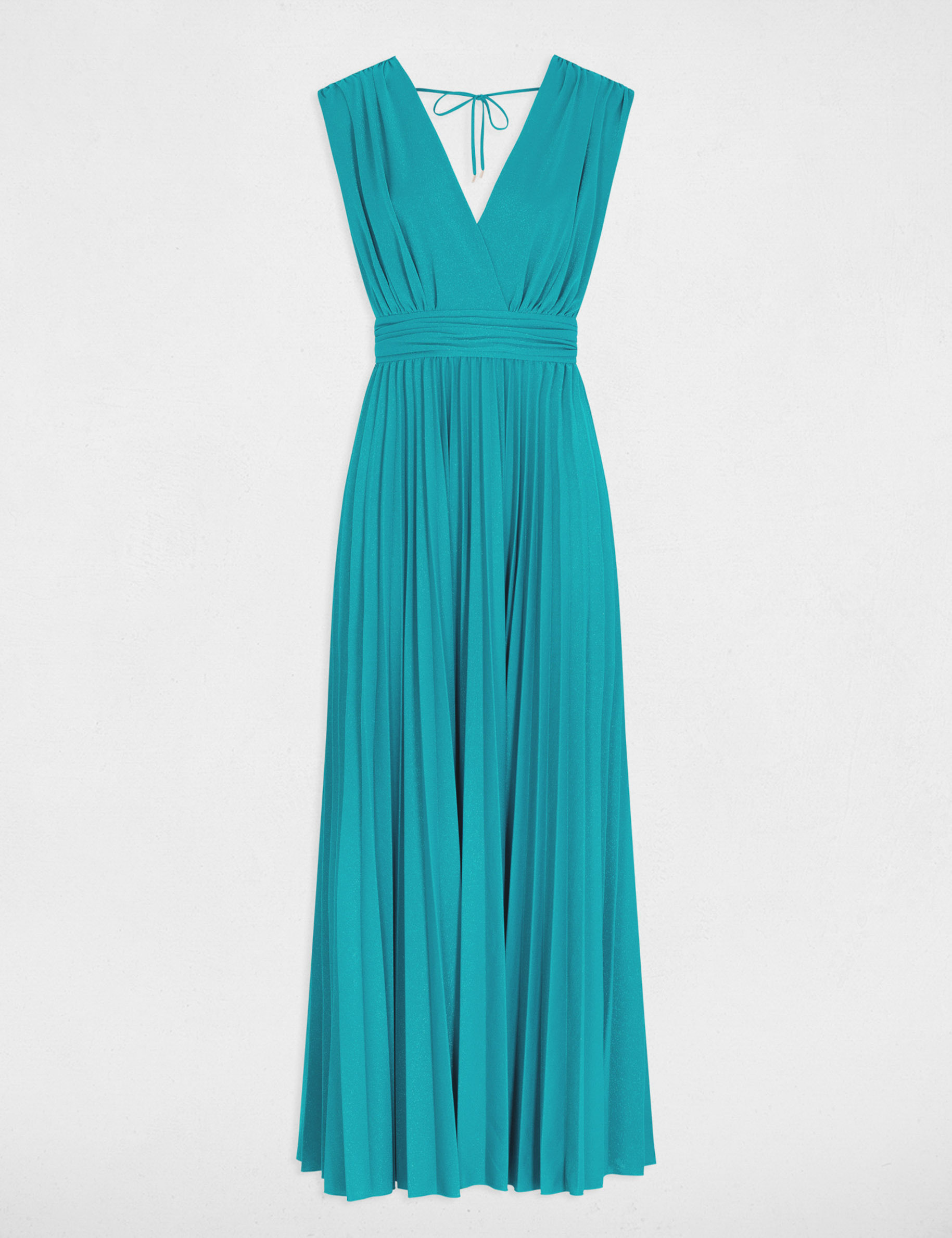 Robe longue évasée plissée turquoise femme